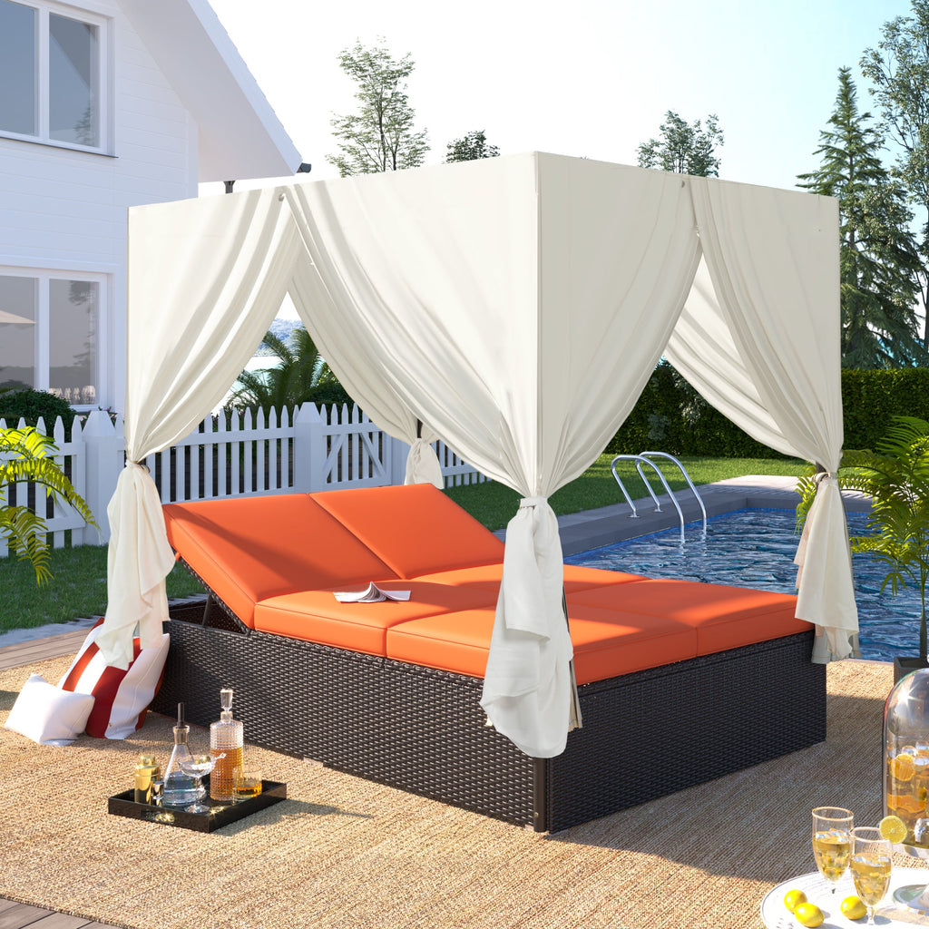 Outdoor Double Chaise Lounge Daybed with Curtains,Patio Outdoor Sunbed with