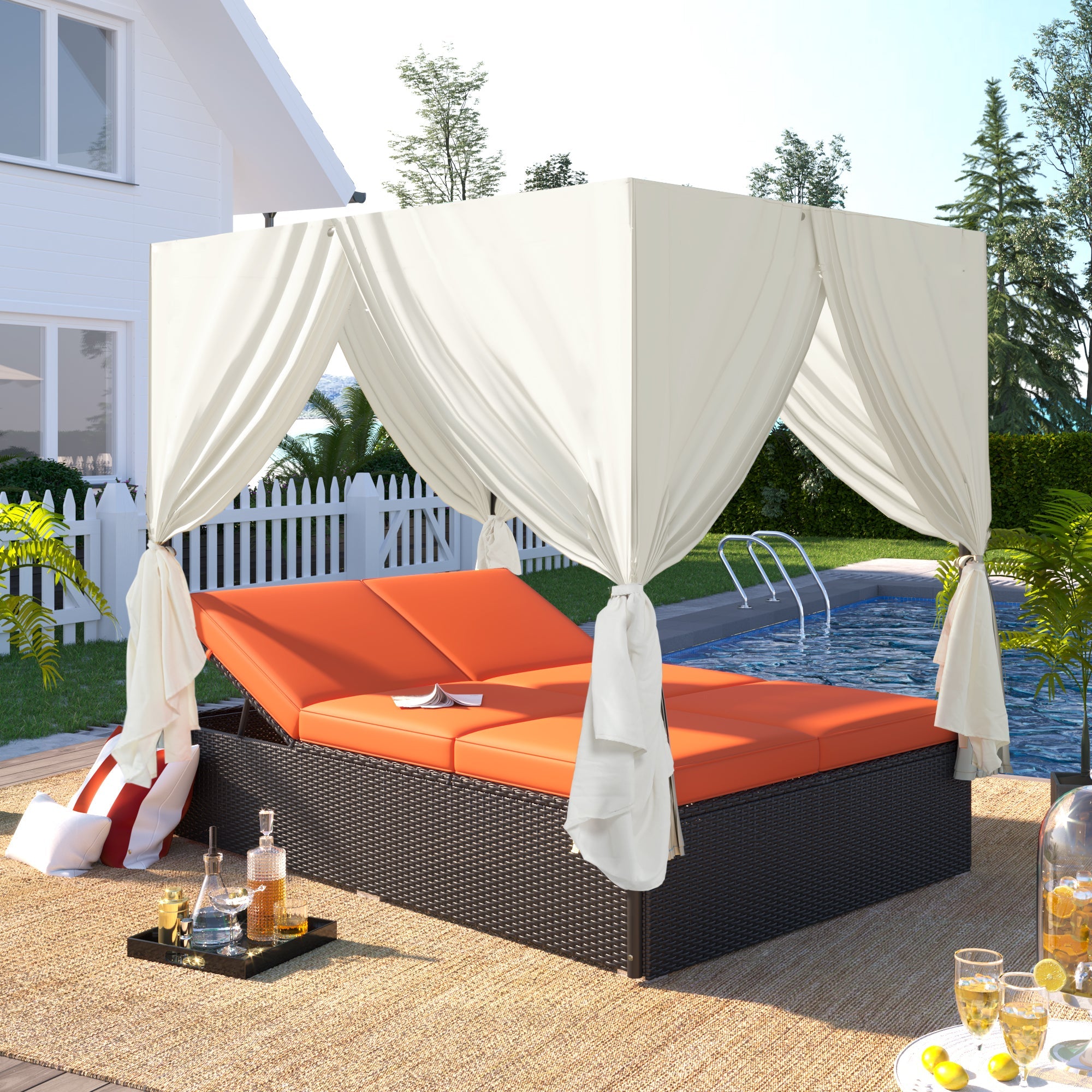 Outdoor Double Chaise Lounge Daybed with Curtains,Patio Outdoor Sunbed with