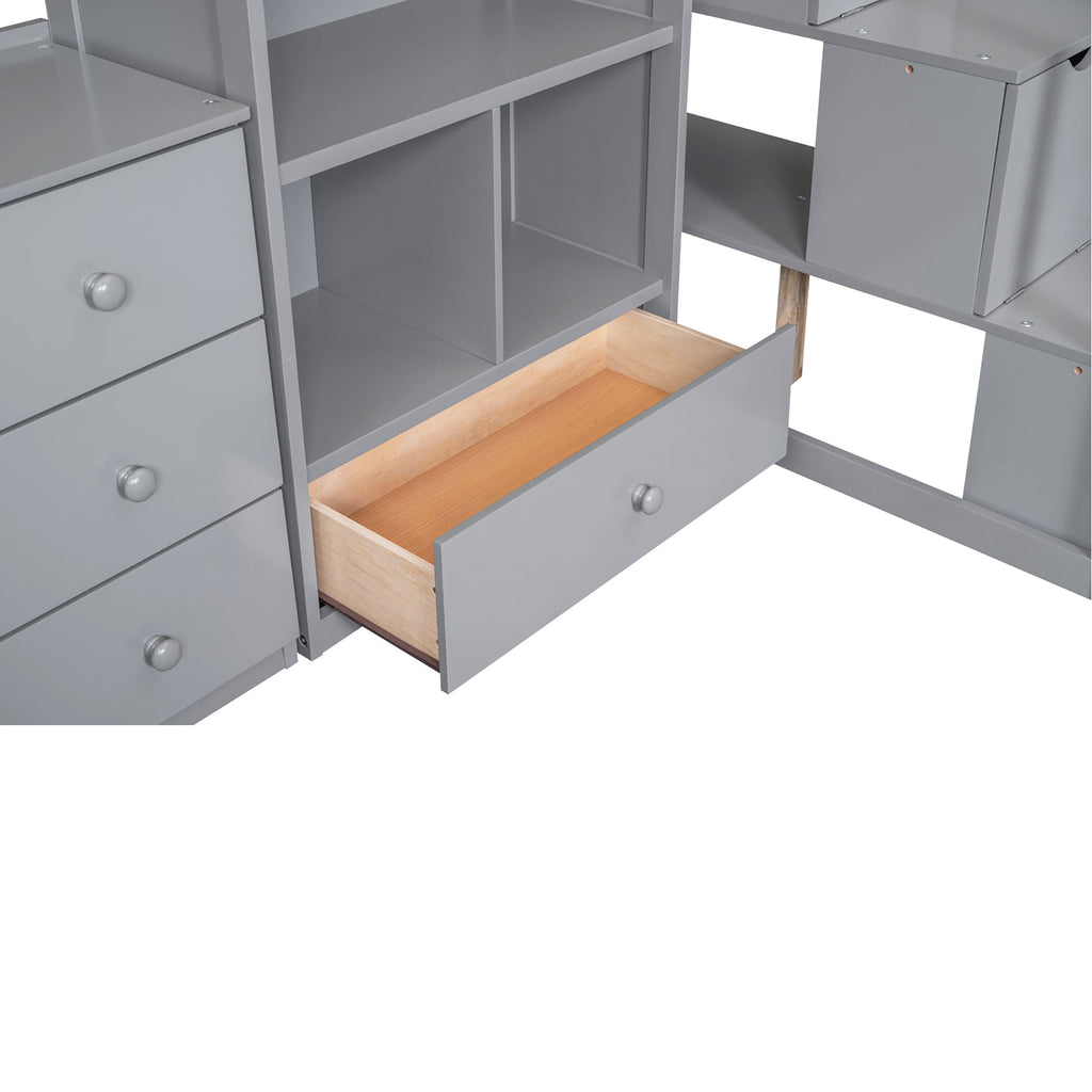 Gray Twin Size Loft Bed with L-Shaped Desk, Drawers, Cabinet and Storage Stai...