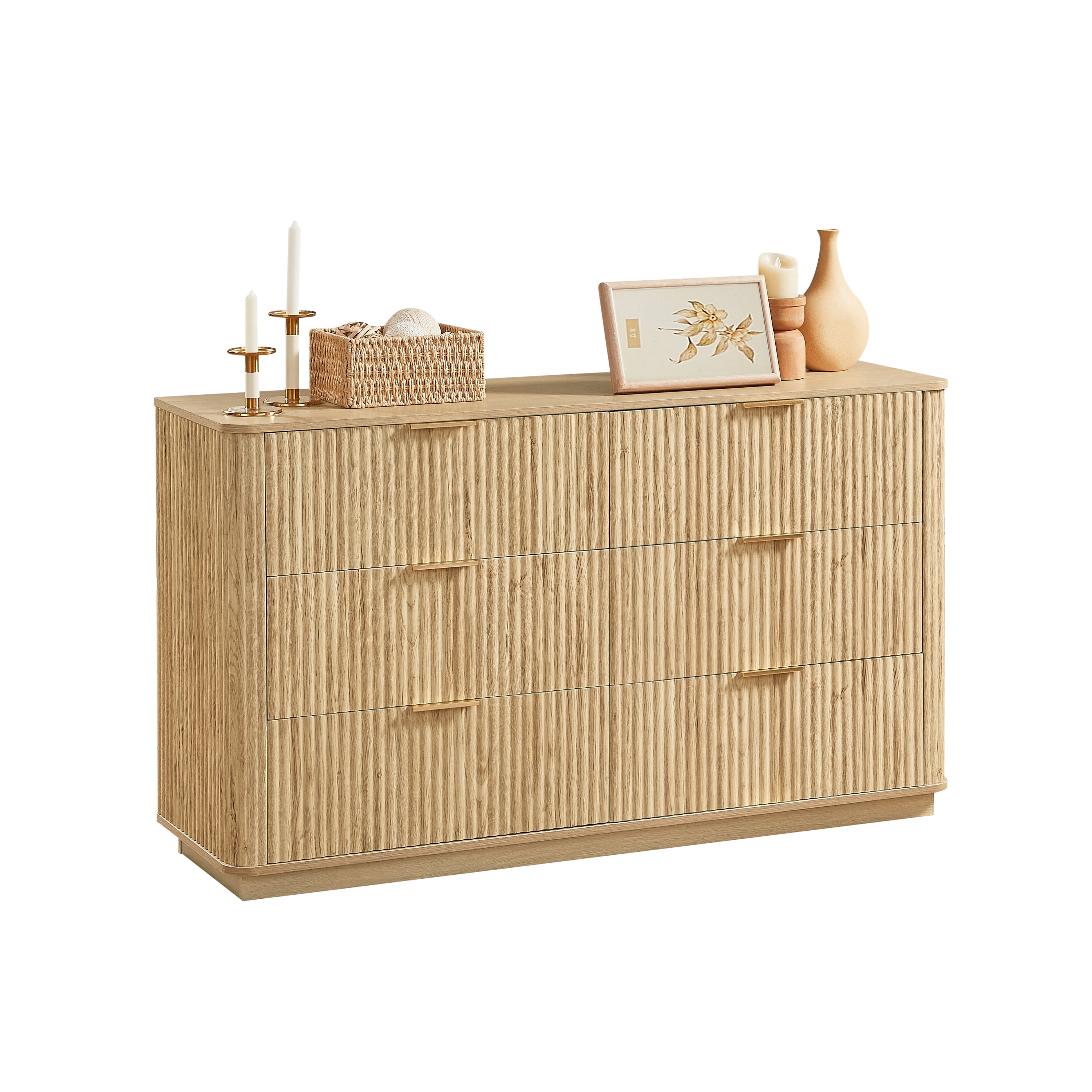 6 Drawer Dresser 55"W Curved Wave Design Walnut Wood