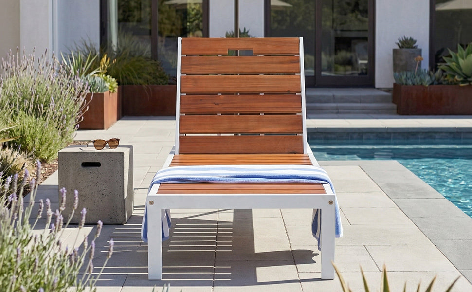 Outdoor Chaise Lounge Acacia Wood Steel Frame White Brown 78.7