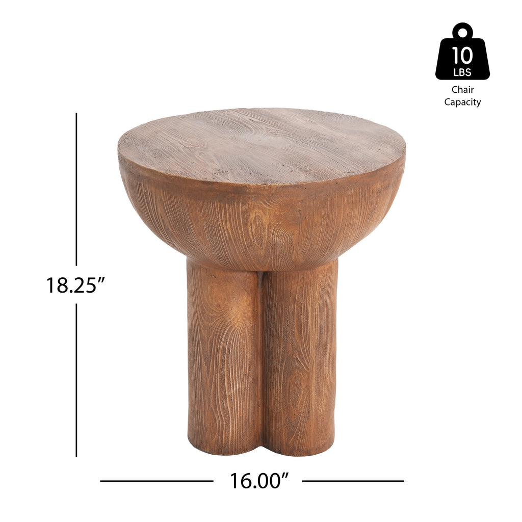 Iris Outdoor Round MGO Side Table Brown Wood-Grain Three-Leg