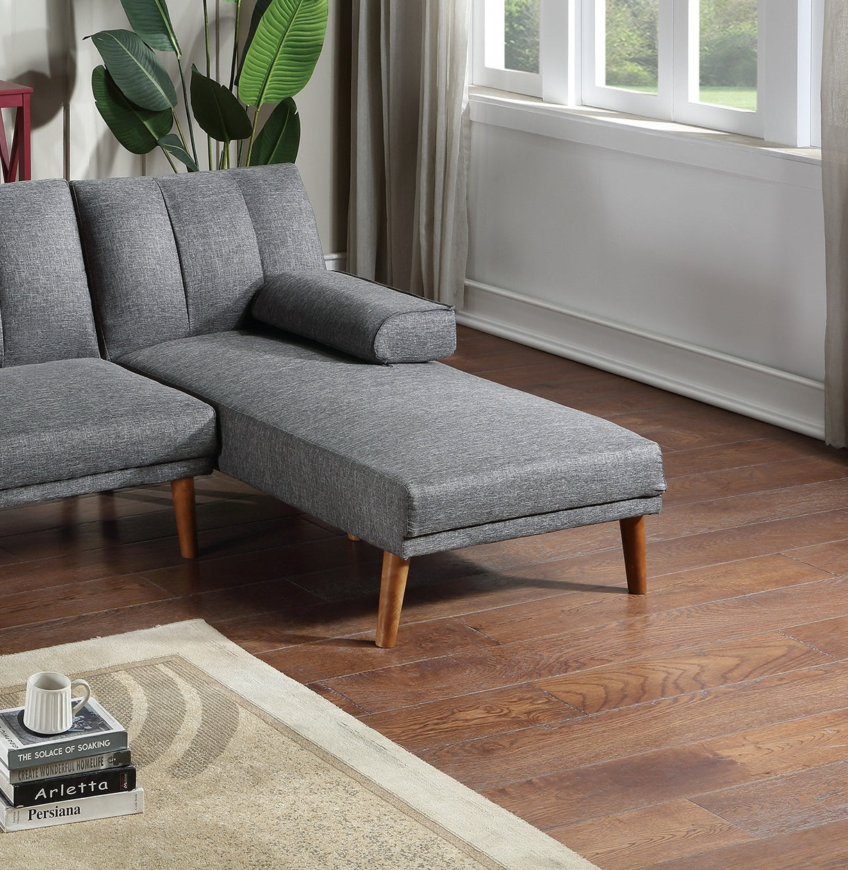 Blue Grey Polyfiber Chaise Lounge Couch Wood Legs