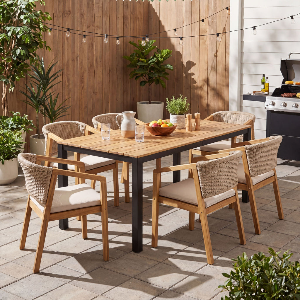 7-Piece Outdoor Dining Set Acacia Wood Table Rope Chairs