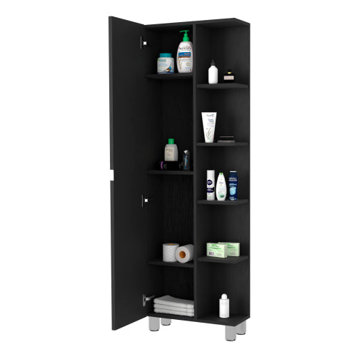Linen Cabinet with Mirror - Open Shelves - Space Saving - Black