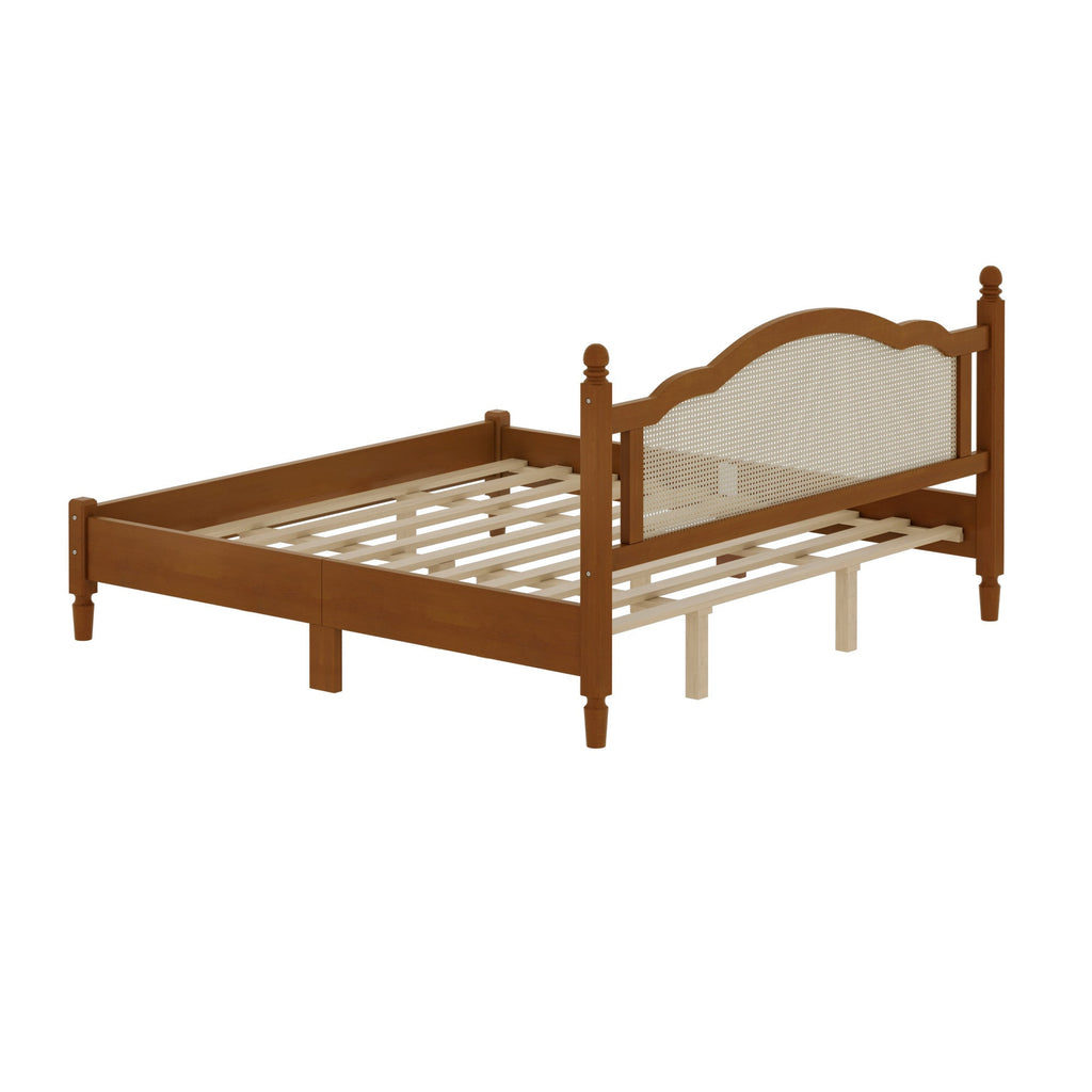 King Size Walnut Wooden Platform Bed with Rattan Headboard