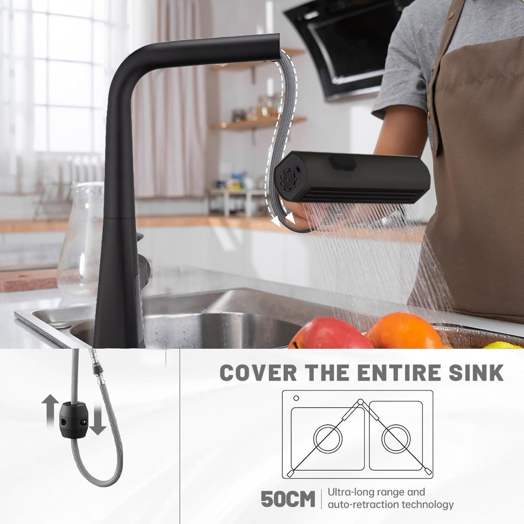 Matte Black Waterfall Kitchen Faucet Pull Down Sprayer 15.75