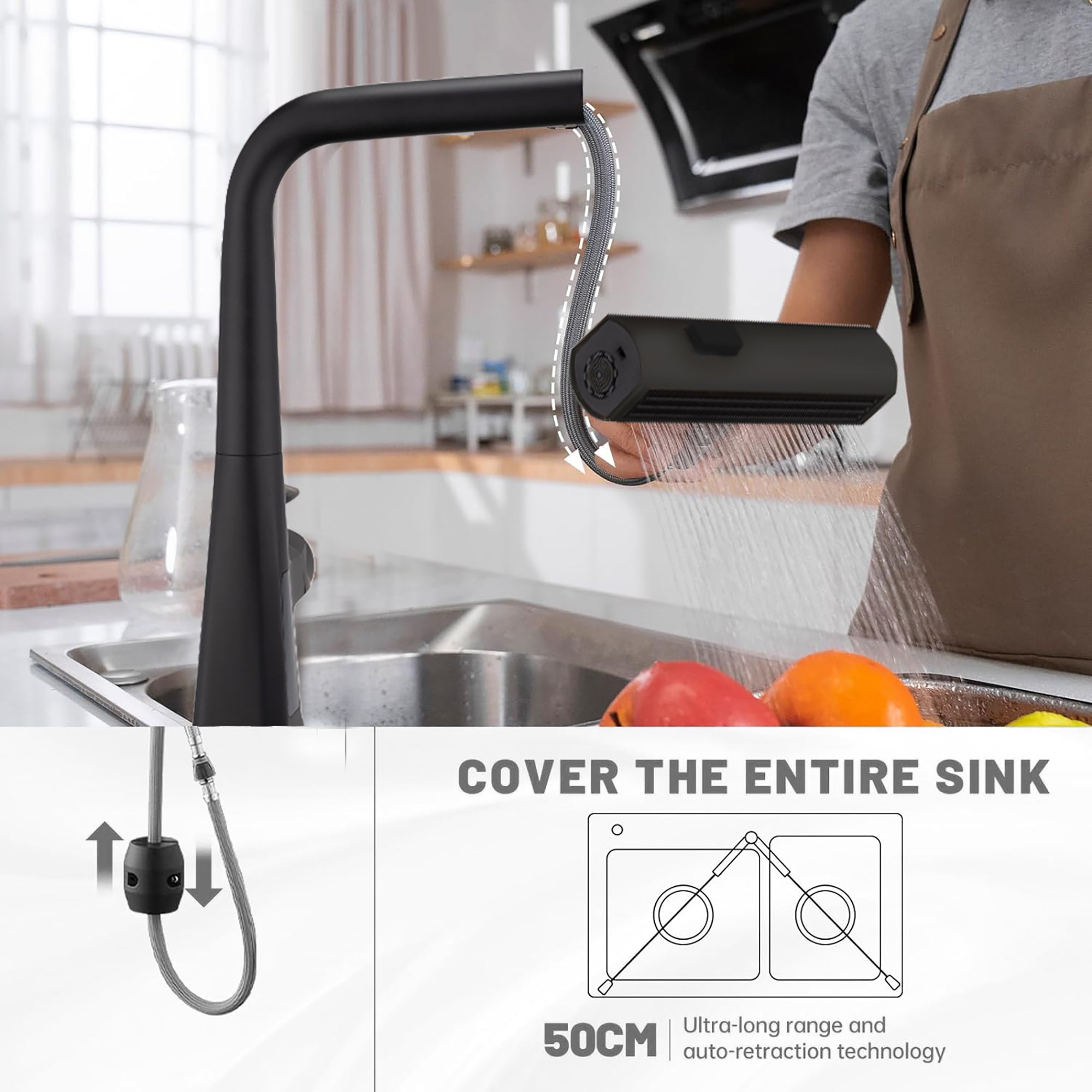 Matte Black Waterfall Kitchen Faucet Pull Down Sprayer 15.75