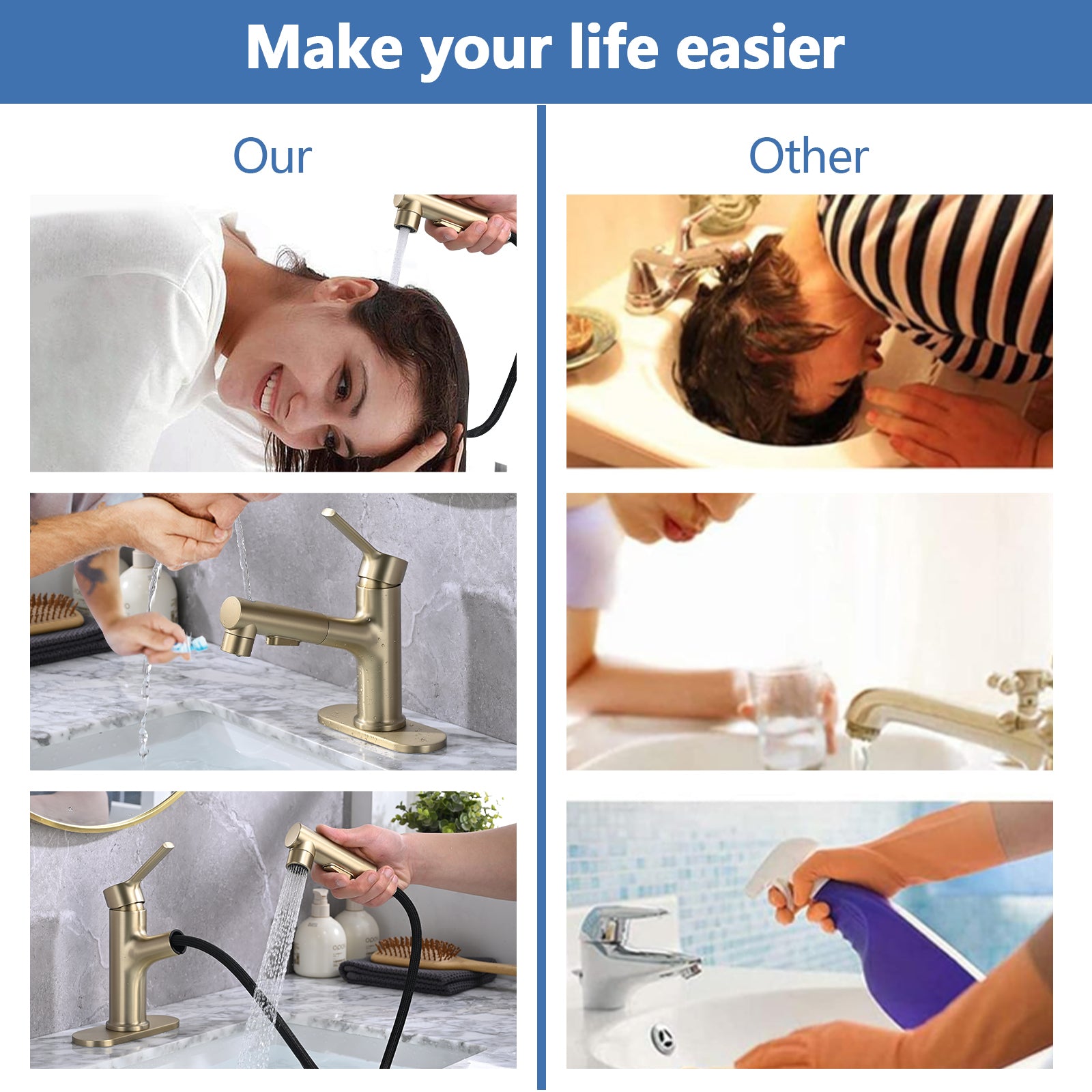 Brushed Gold Single Handle Pull Out Sprayer Bathroom Faucet