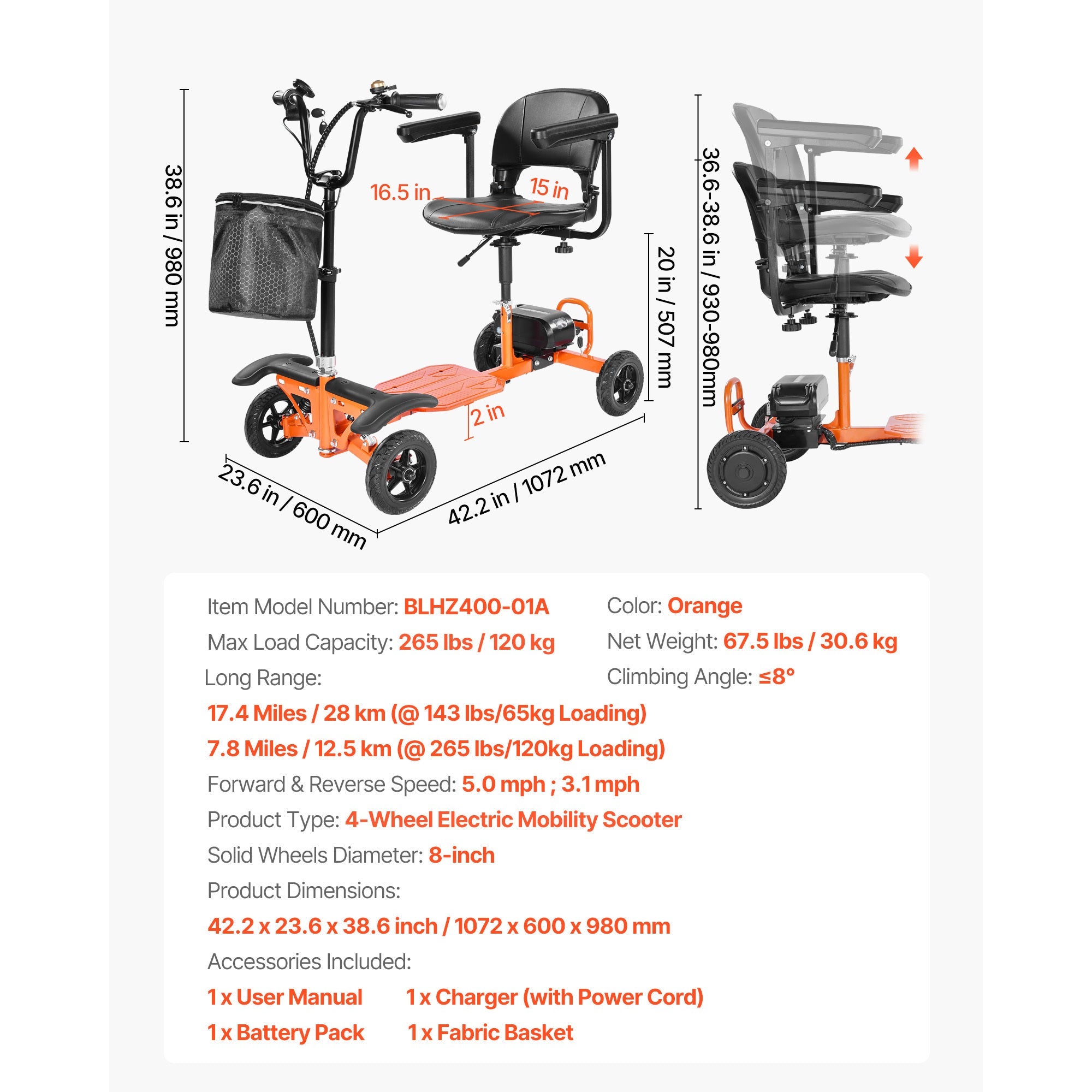 Mobility Scooter 4-Wheel Foldable Carbon Steel Orange 265 LB 48V Battery