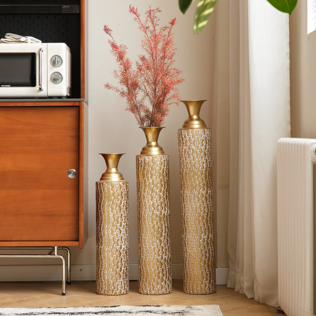 Set of 3 Gold Distressed Metal Vases with Vine Pattern 34