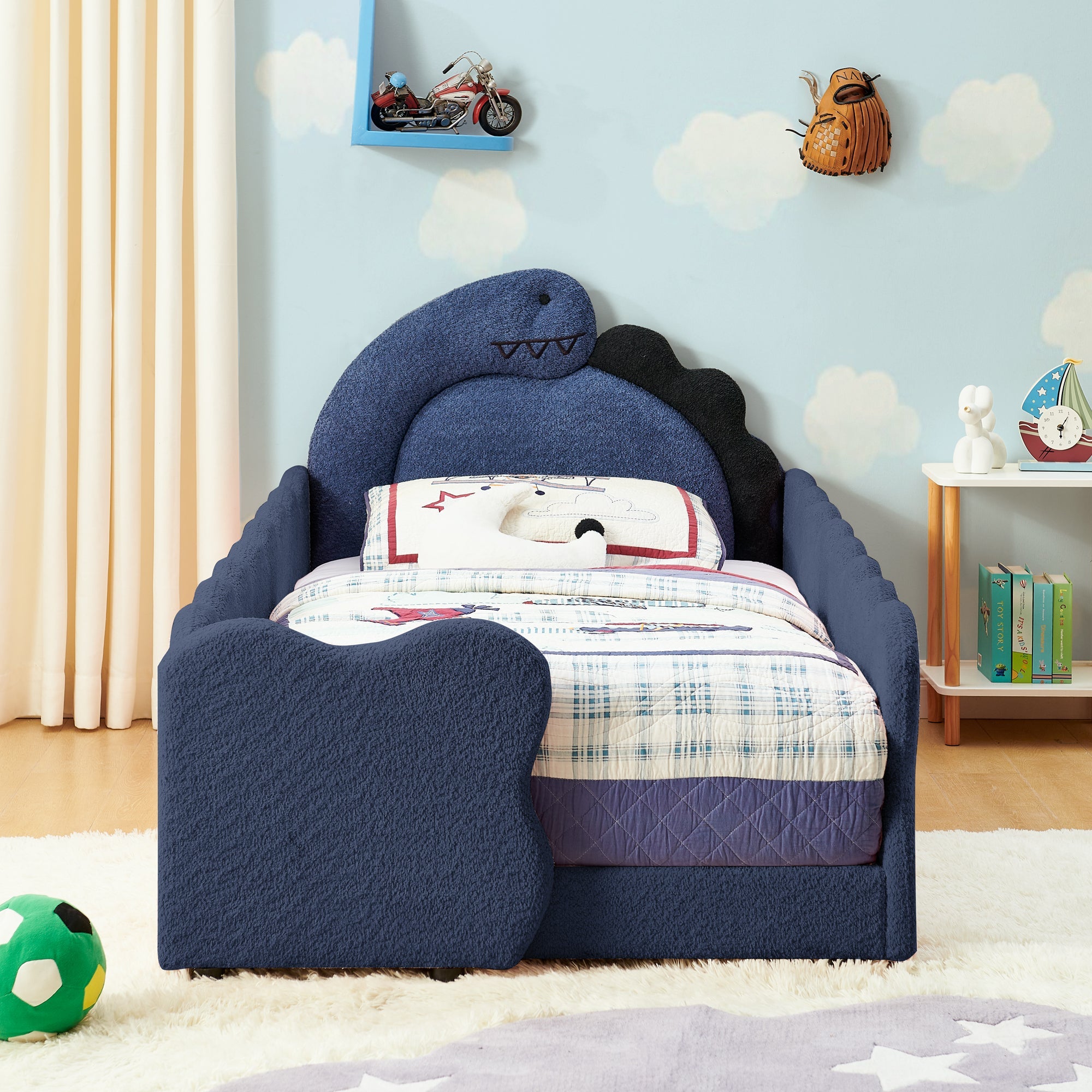 Twin Size Dinosaur Kids Bed Frame, Navy Blue Boucle Fabric