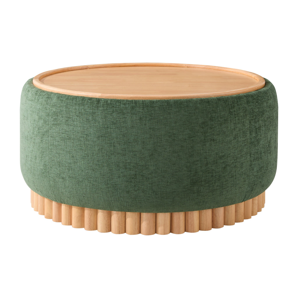 29 Inch Round Storage Ottoman Solid Rubberwood Legs Chenille, Green