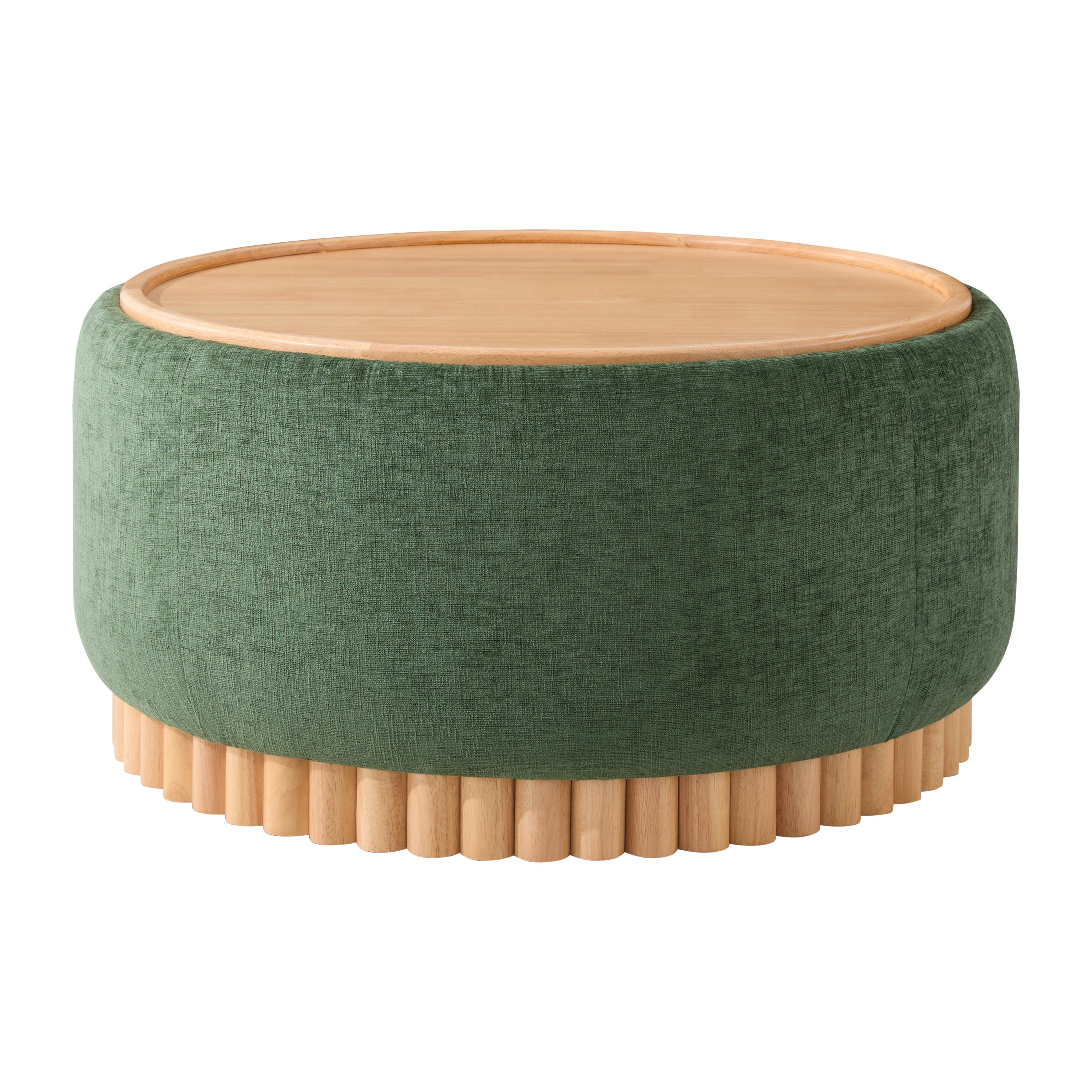 29 Inch Round Storage Ottoman Solid Rubberwood Legs Chenille, Green