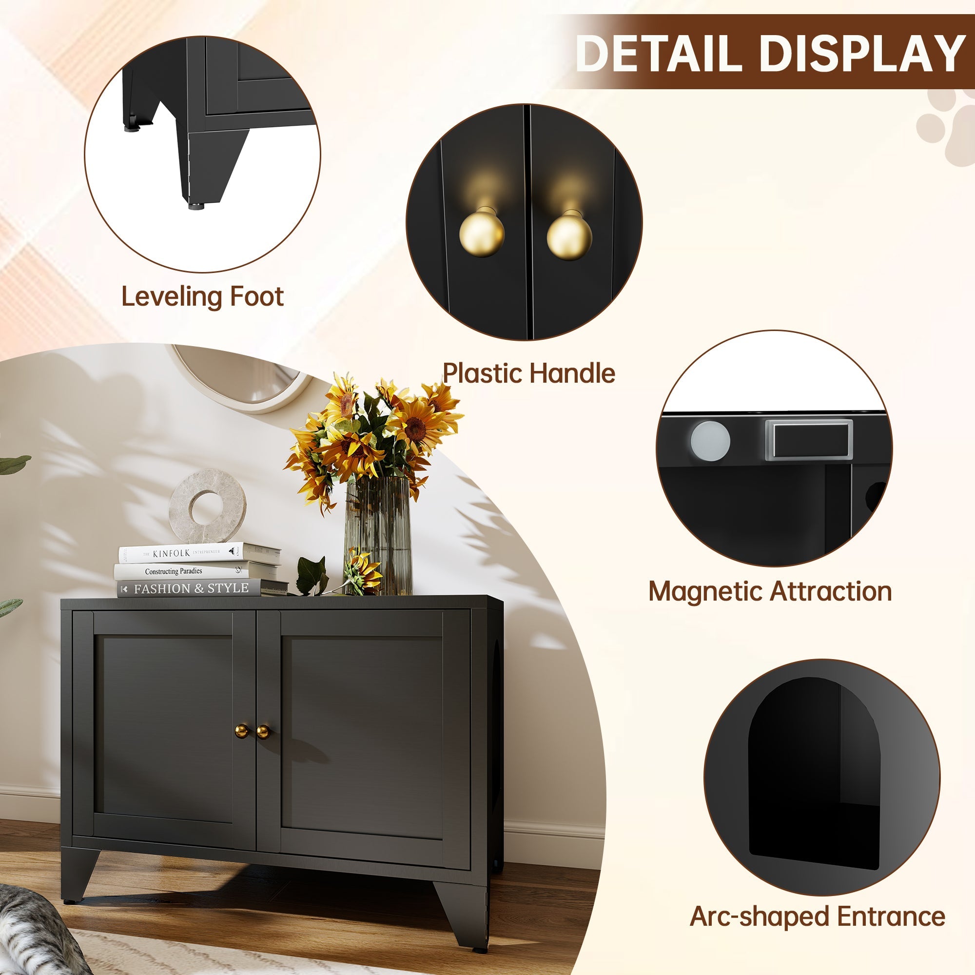 Modern Black Metal Cat Litter Box Enclosure Cabinet Furniture