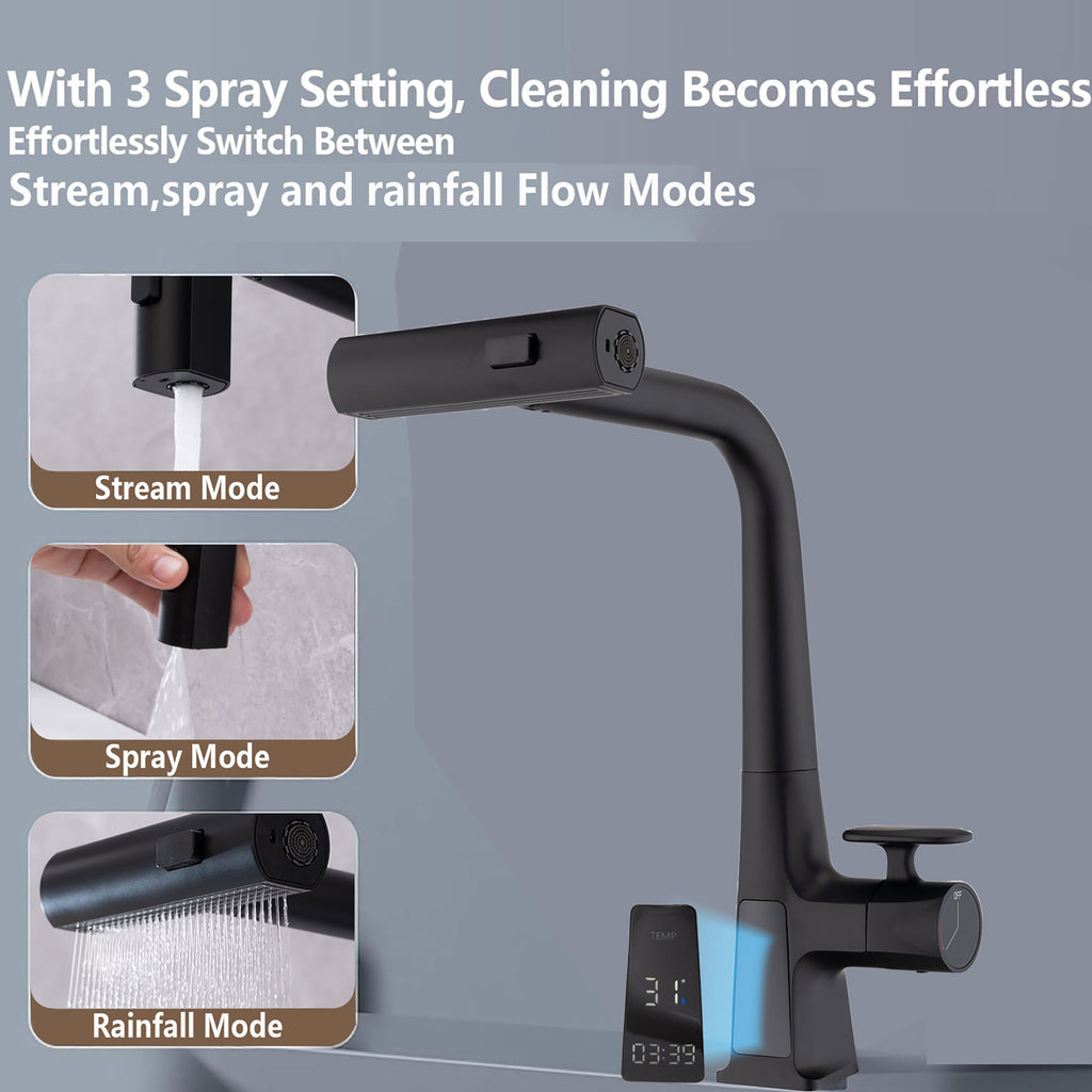 Matte Black Waterfall Kitchen Faucet Pull Down Sprayer 15.75