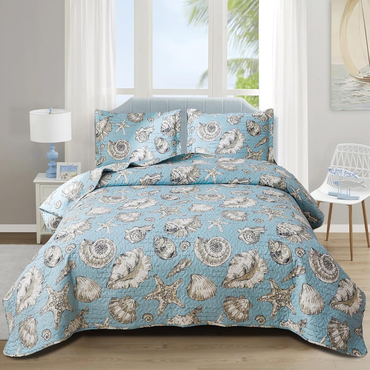 Beach Theme Quilt Set 3PC Seashell Starfish Coastal Ocean Bedspread