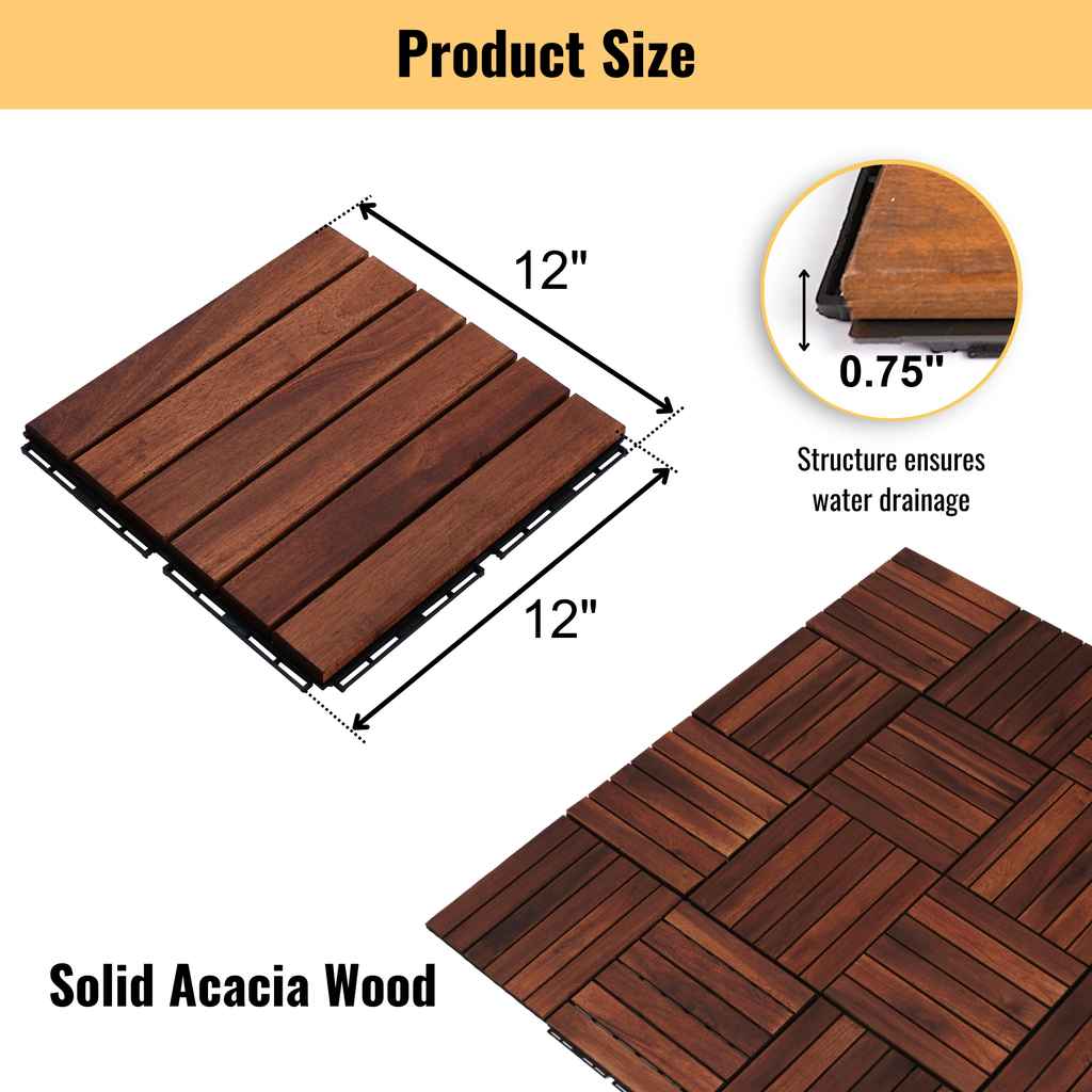 Acacia Hardwood Interlocking Deck Tiles 12" x 12" Patio