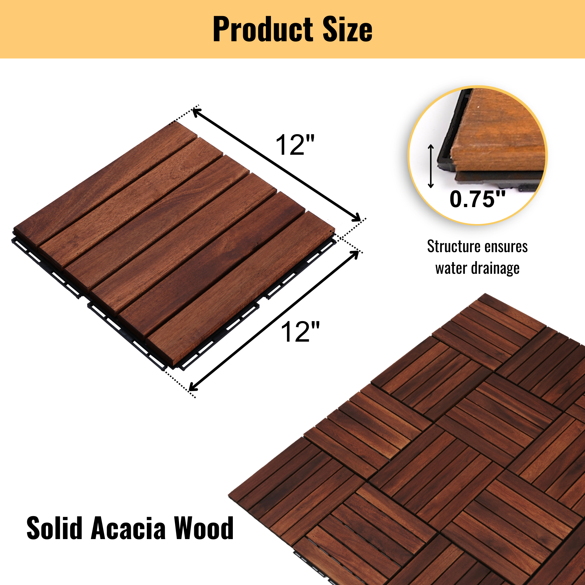 Acacia Hardwood Interlocking Deck Tiles 12" x 12" Patio