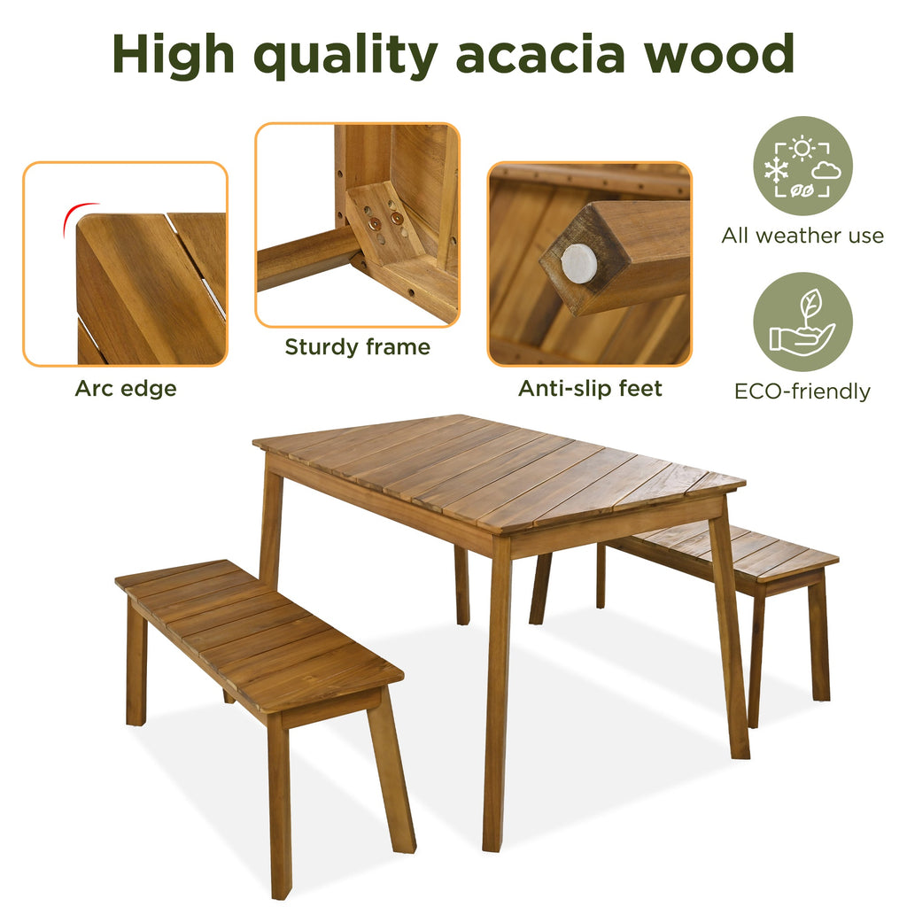 Acacia Wood 3-Piece Dining Set with Table and Bench