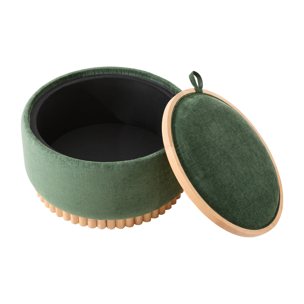 29 Inch Round Storage Ottoman Solid Rubberwood Legs Chenille, Green