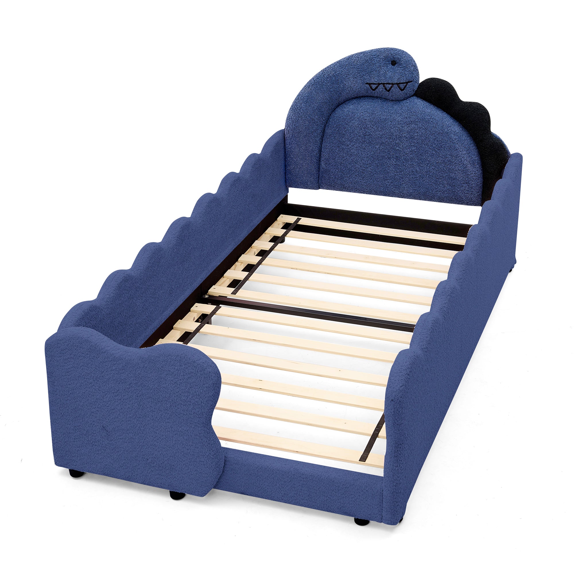 Twin Size Dinosaur Kids Bed Frame, Navy Blue Boucle Fabric