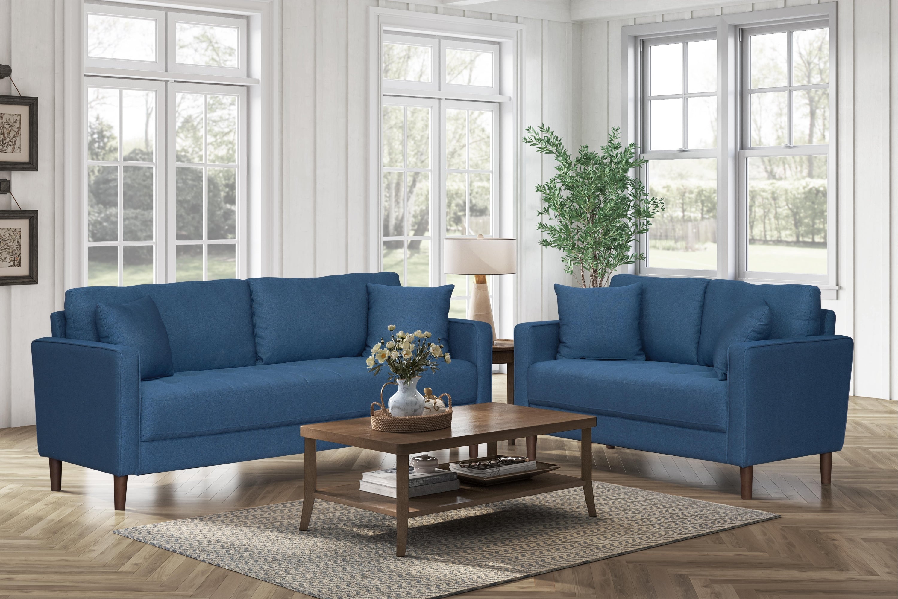 Blue Tufted Plush Upholstered Love Seat