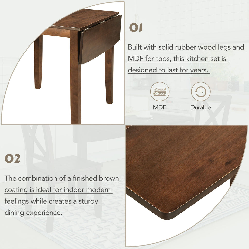 3-Piece Wood Drop Leaf Breakfast Nook Dining Table Set Walnut