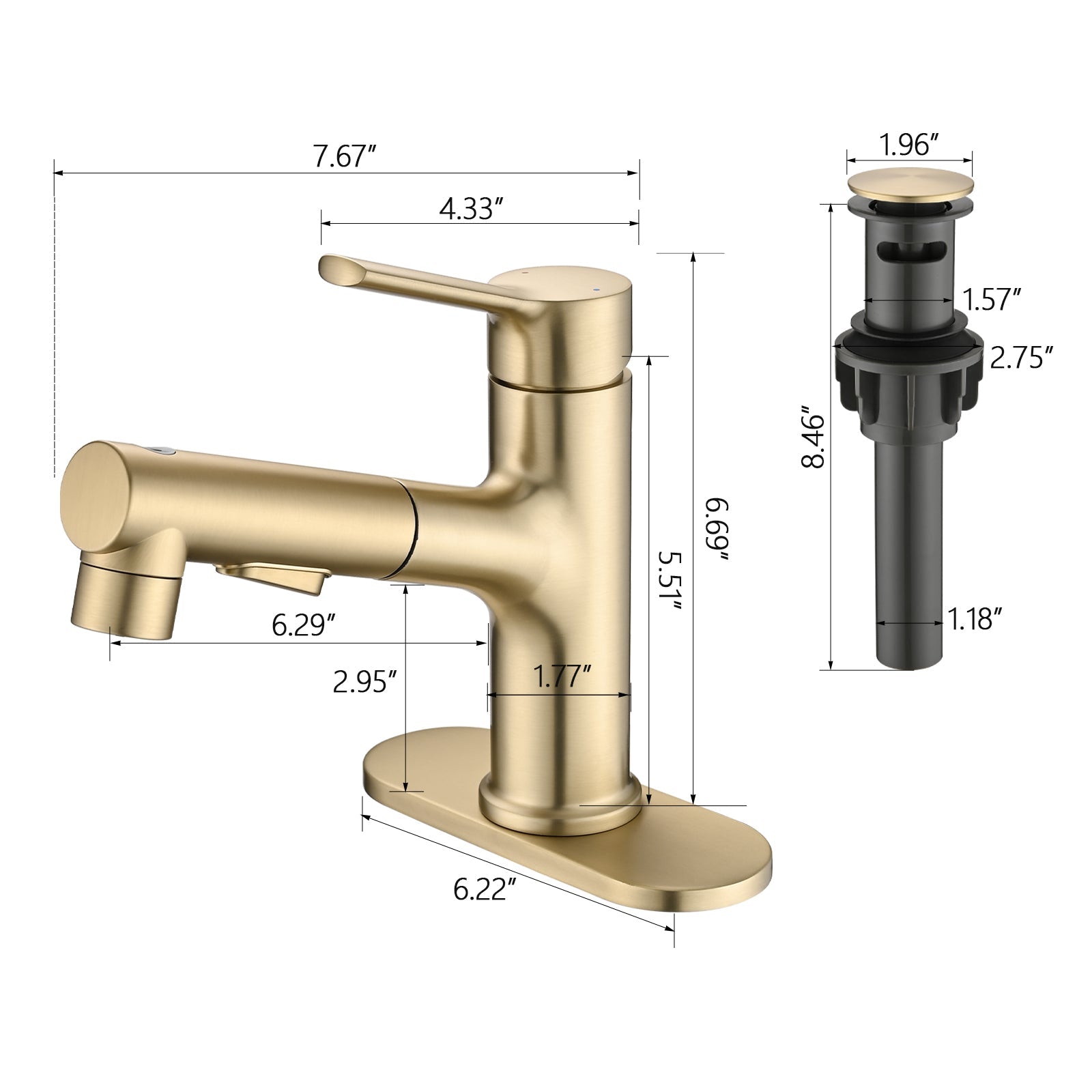 Brushed Gold Single Handle Pull Out Sprayer Bathroom Faucet