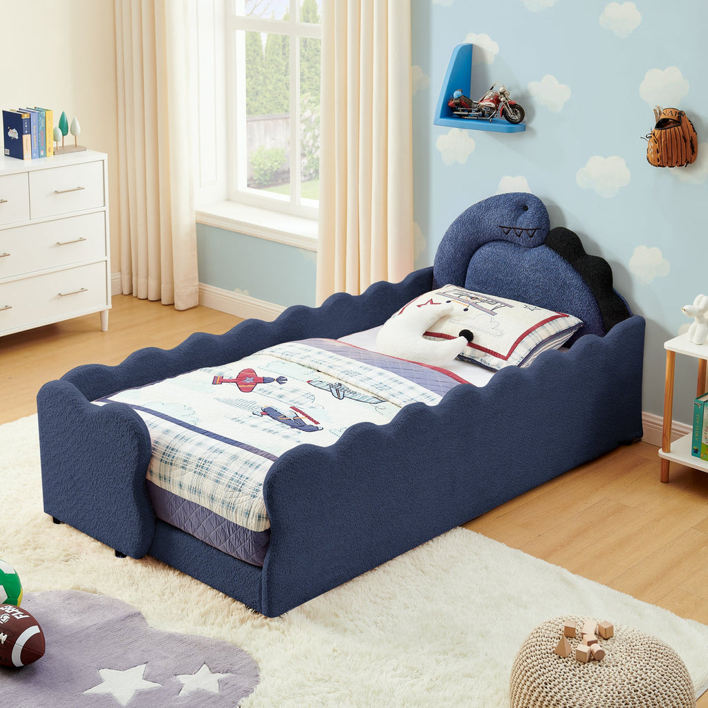 Twin Size Dinosaur Kids Bed Frame, Navy Blue Boucle Fabric