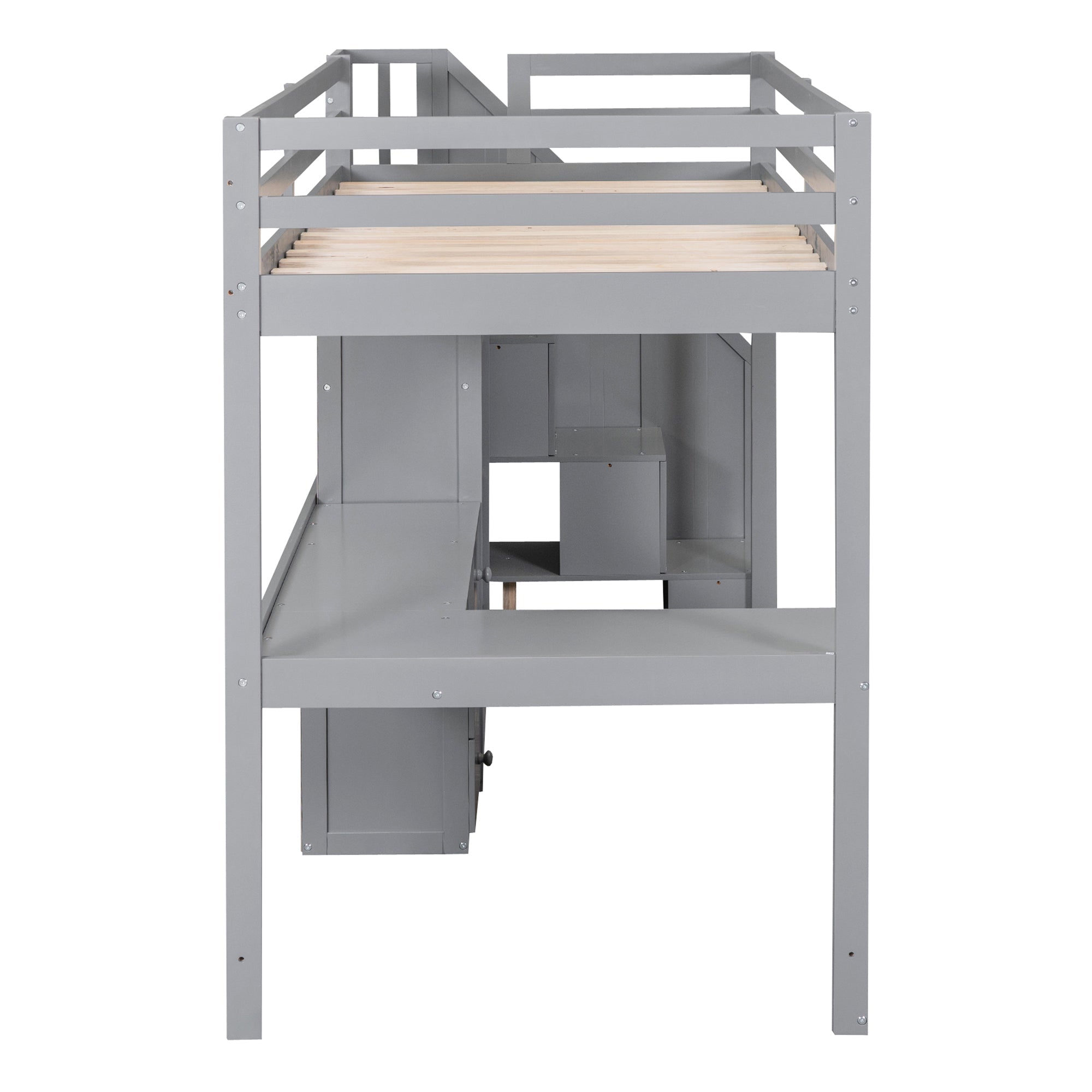 Gray Twin Size Loft Bed with L-Shaped Desk, Drawers, Cabinet and Storage Stai...