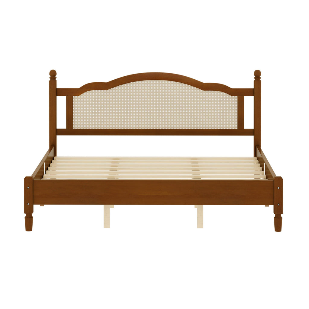 King Size Walnut Wooden Platform Bed with Rattan Headboard