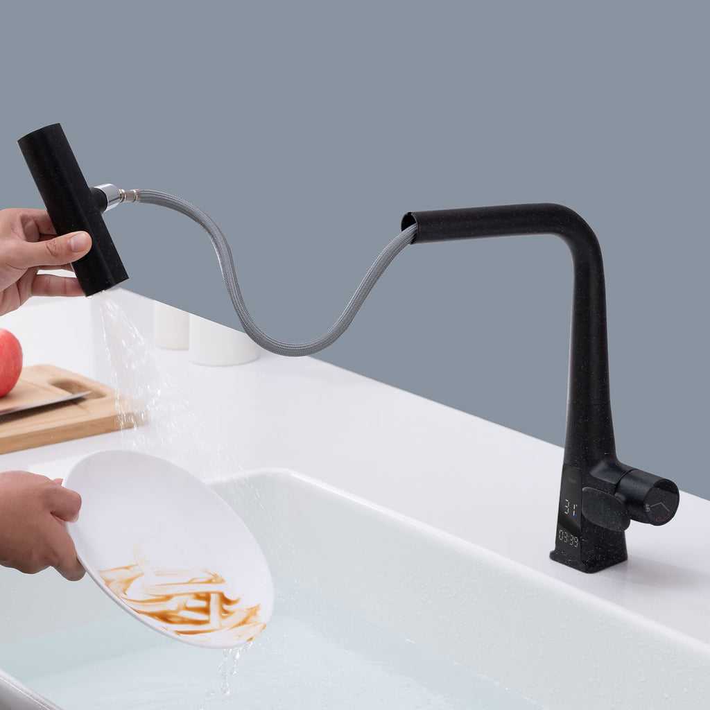 Matte Black Waterfall Kitchen Faucet Pull Down Sprayer 15.75