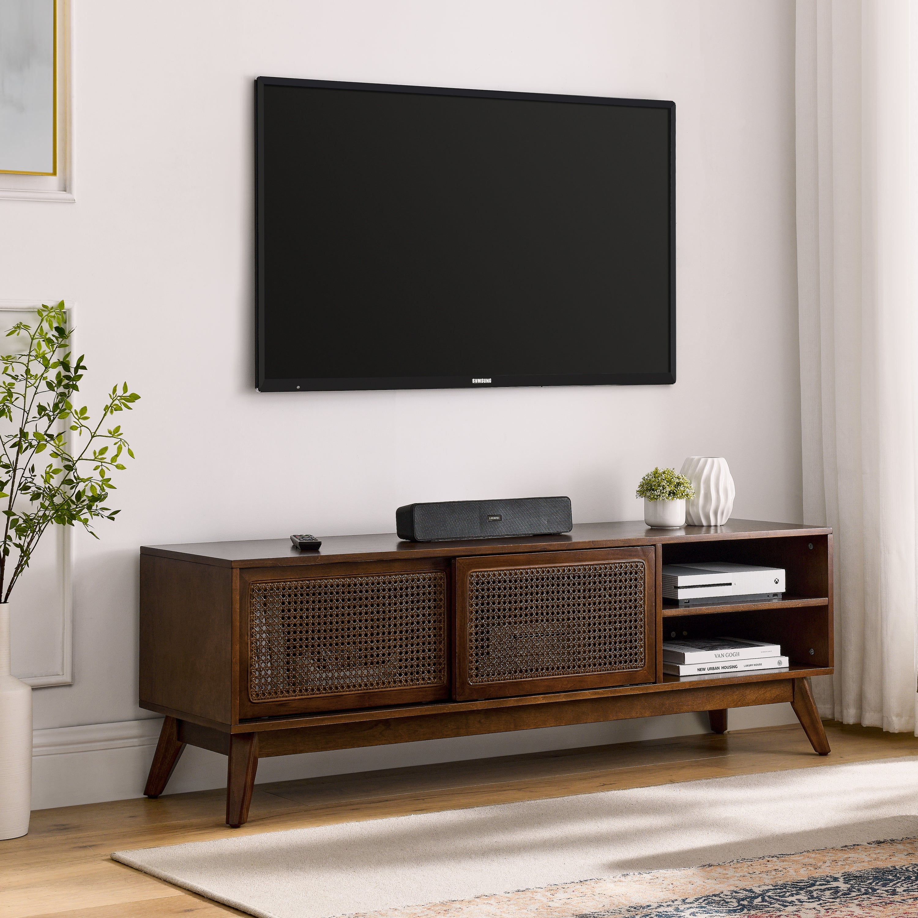 59" Mid Century Modern Rattan TV Stand with Wood Feet