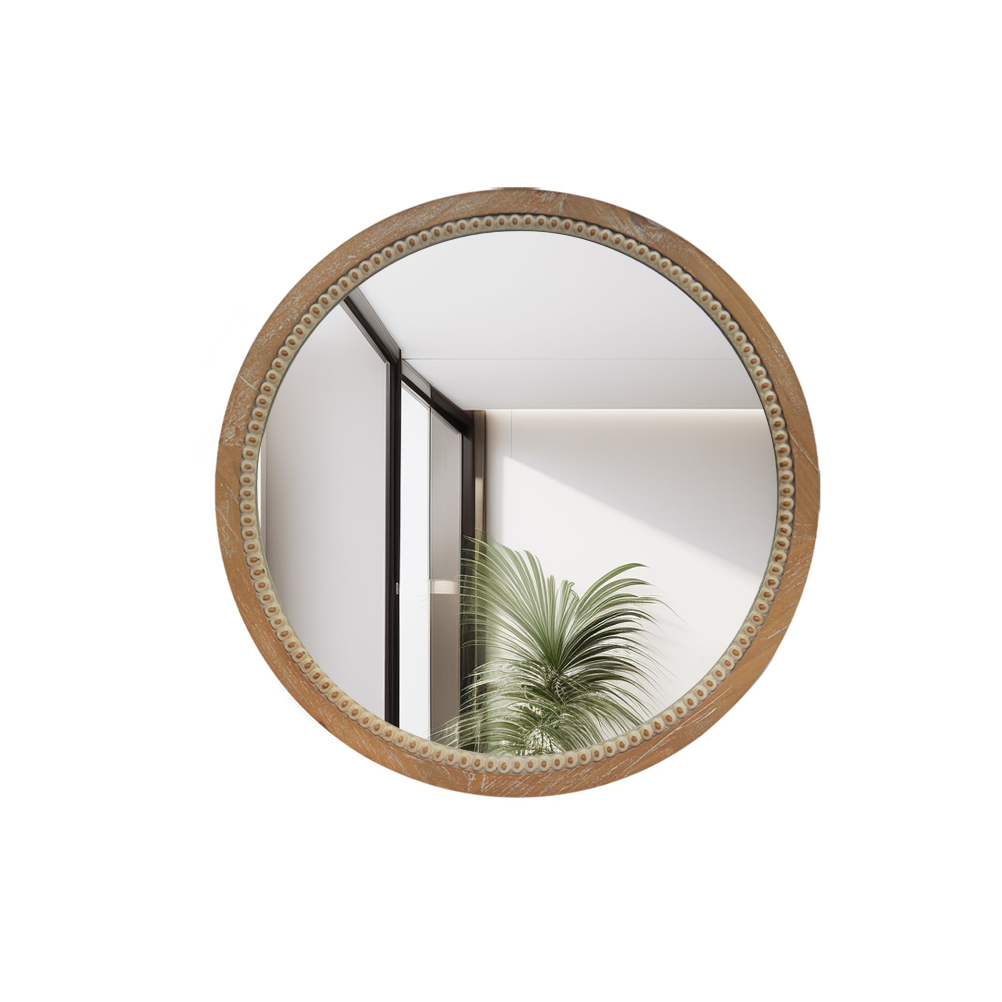 Round Beaded Wood Wall Mirror 23.62" Farmhouse Rustic