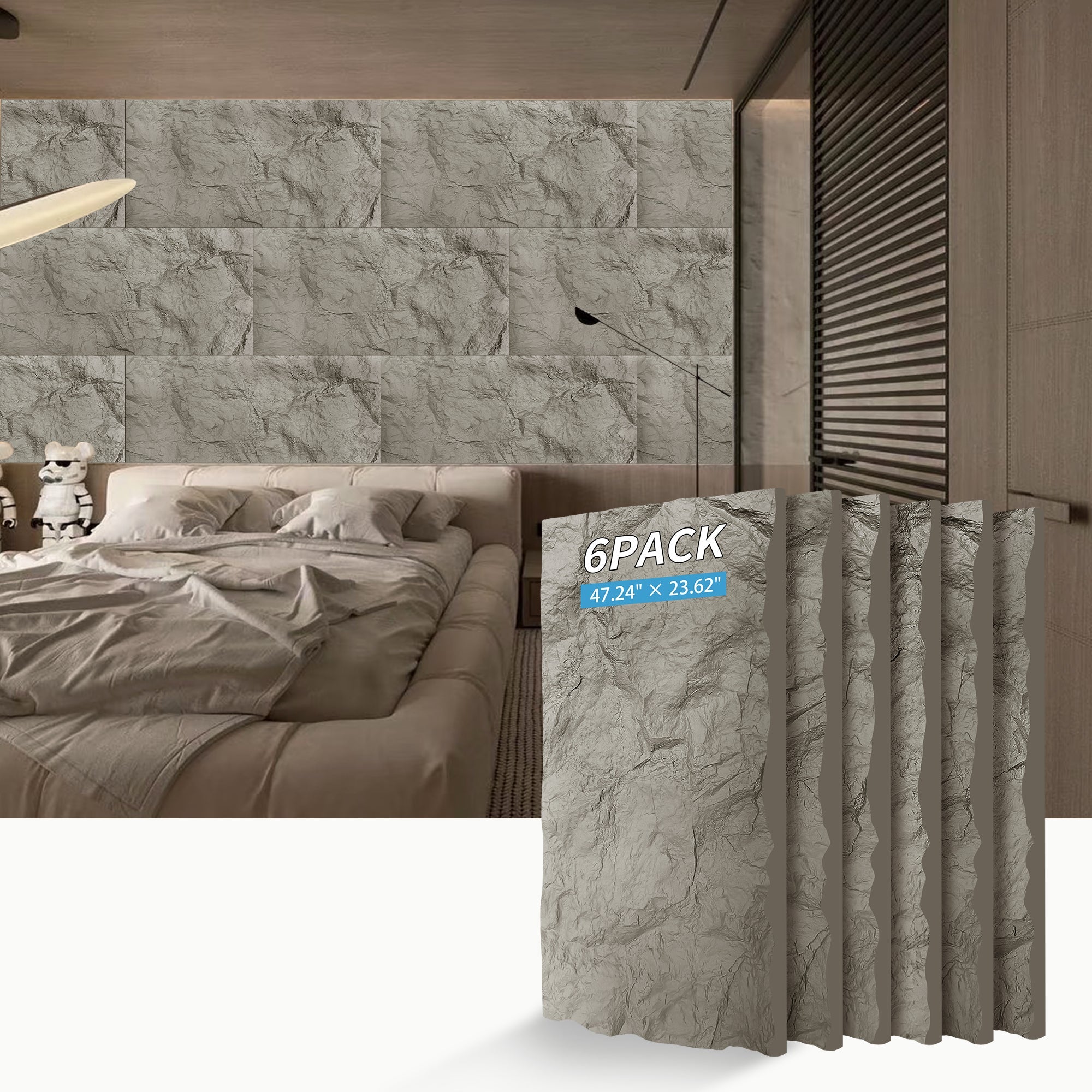 3D Faux Stone Wall Panels 6pc Wainscoting 47x24" Grey