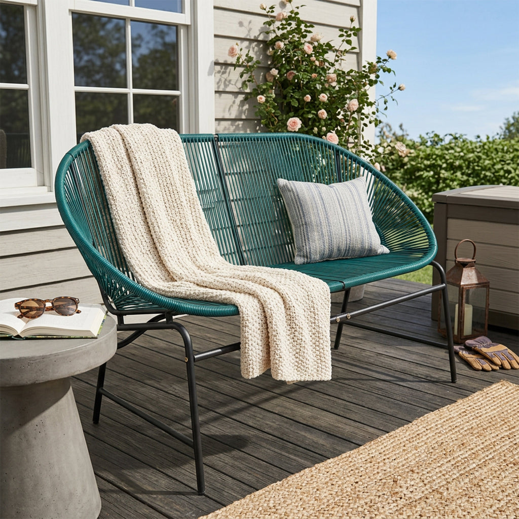 Green PE Rattan Outdoor Patio Wicker Loveseat with Iron Frame