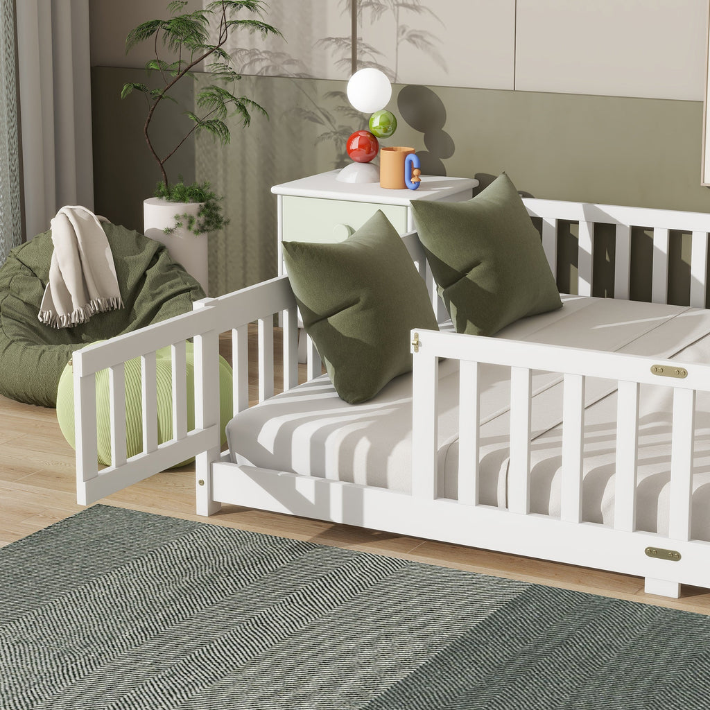 Queen Size Floor Bed with Safety Guardrails and Door