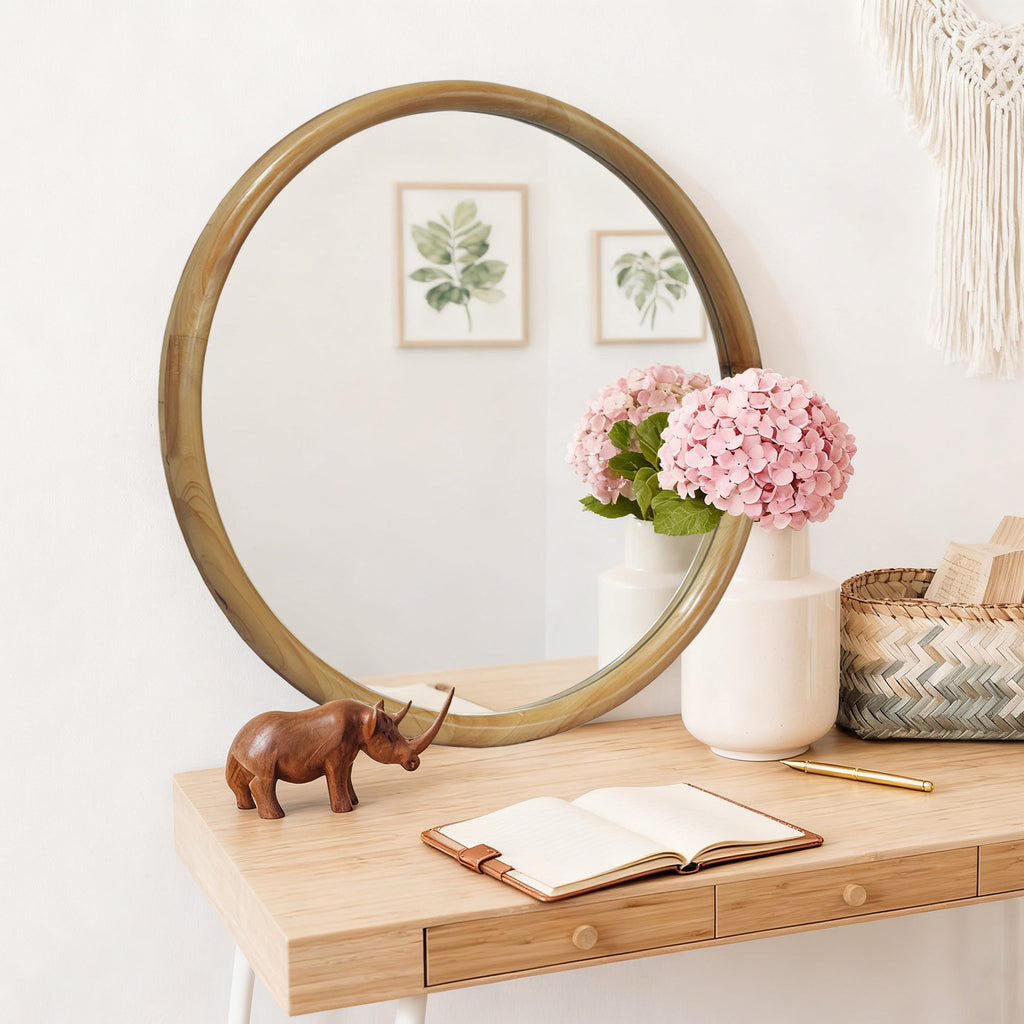 23.62" Round Wood Frame Wall Mirror Mid-Century Modern