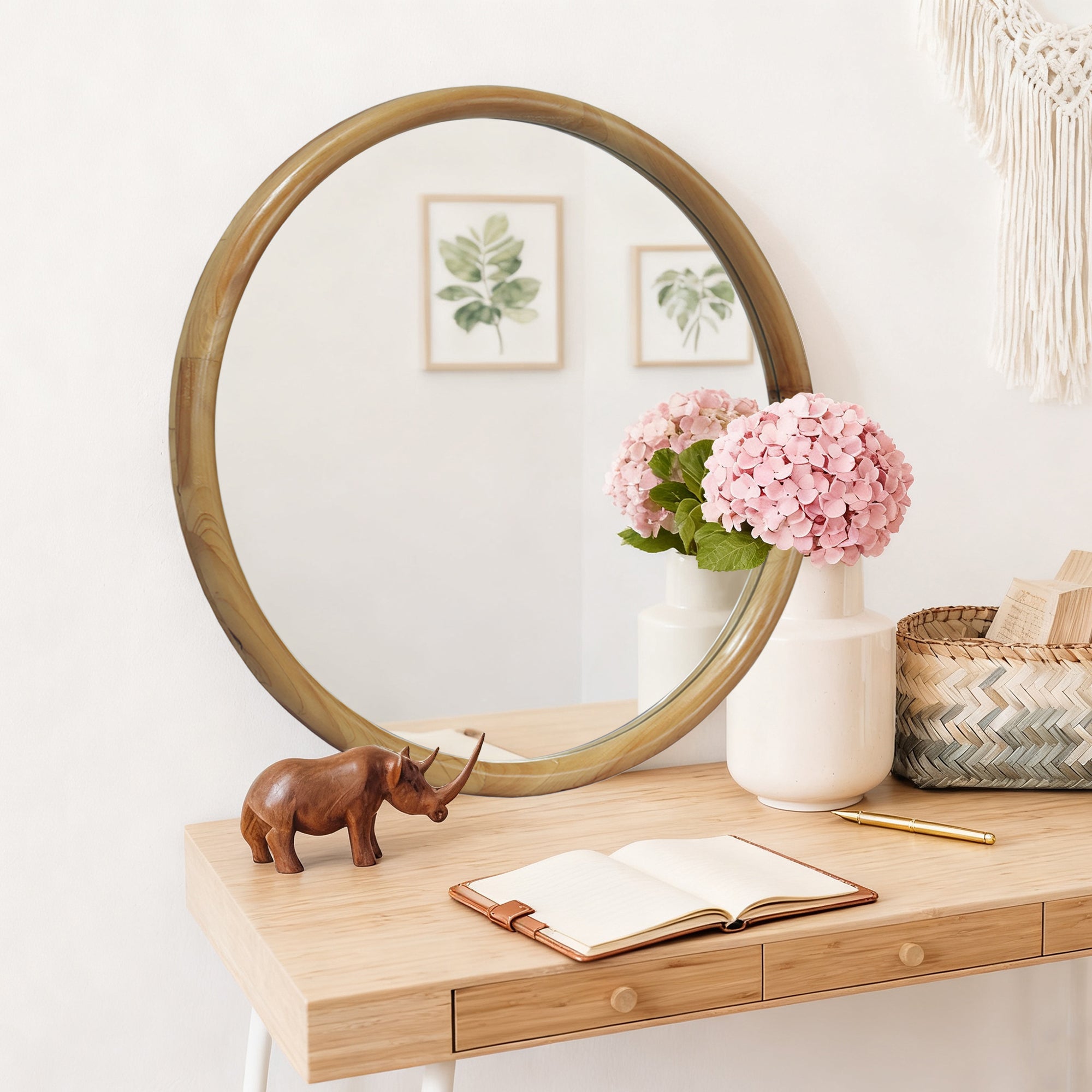 23.62" Round Wood Frame Wall Mirror Mid-Century Modern