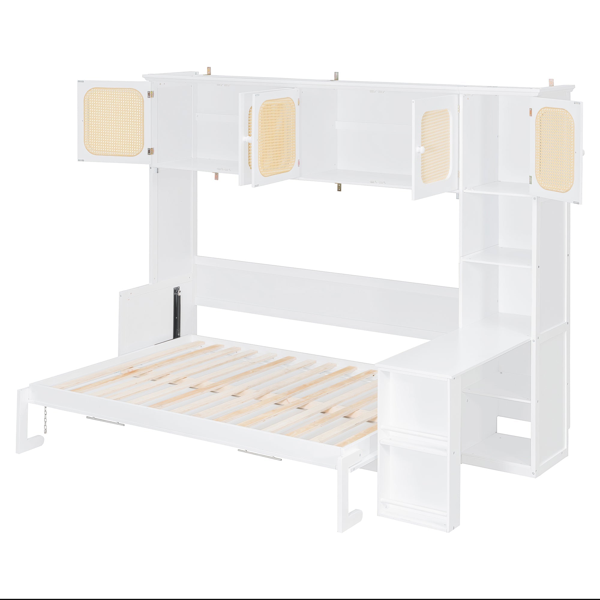 Murphy Bed with Desk and Rattan Cabinets, Warm White