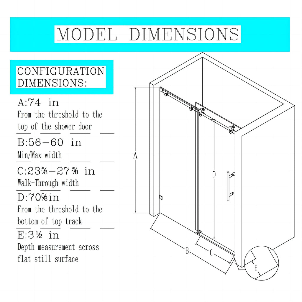 Frameless Single Sliding Soft-Close Shower Door 56-60" W x 74" H