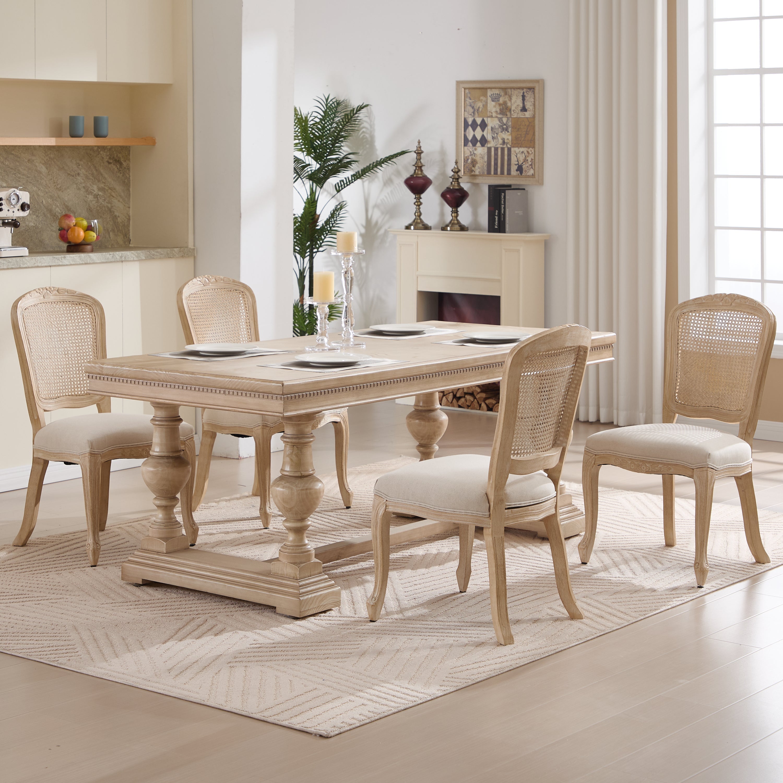 French Country Upholstered Dining Chairs Set of 2, Beige