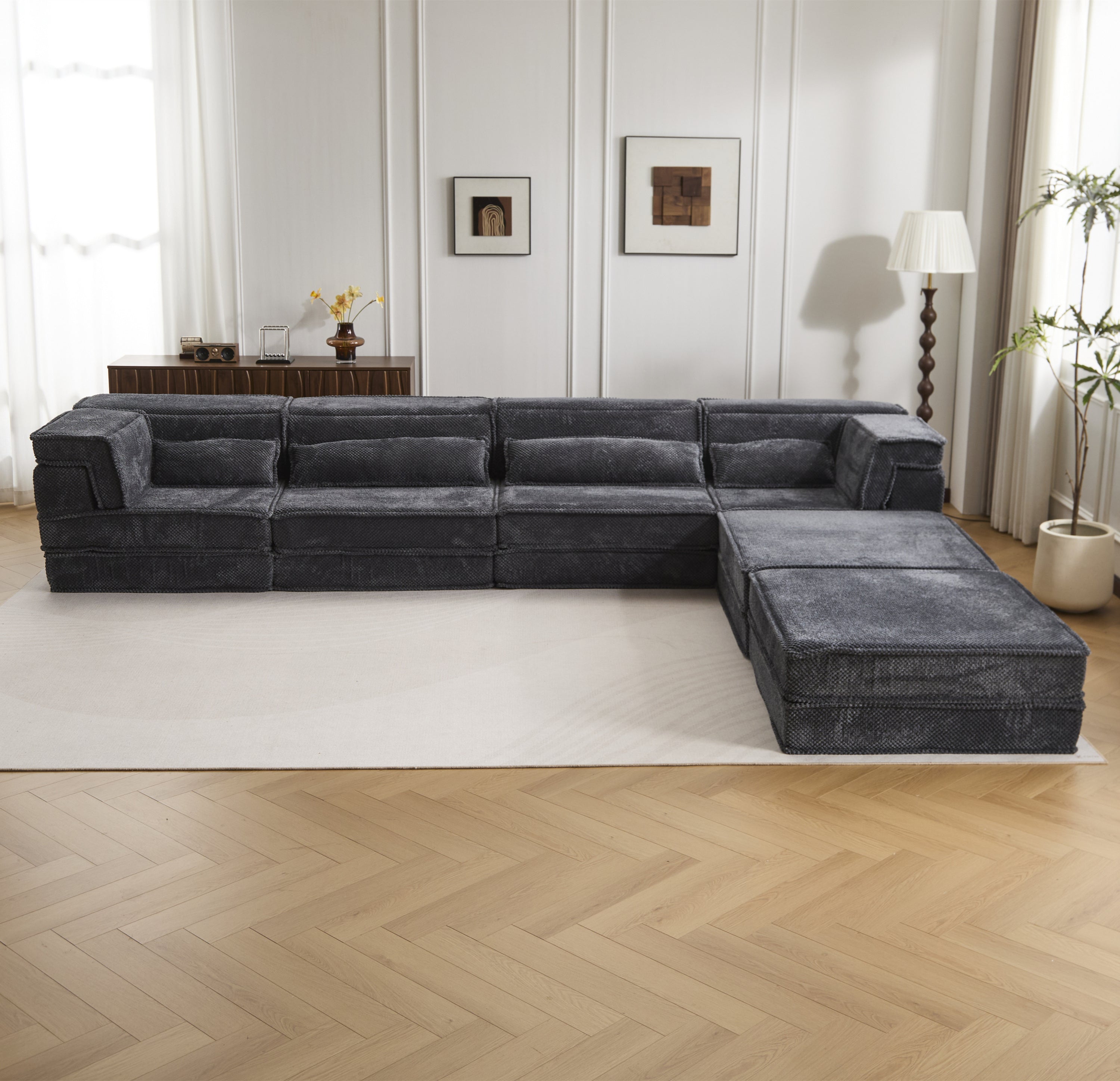 Sectional Sofa Bed Modular Circle Fleece Dark Gray 4 Seat 157 In Convertible