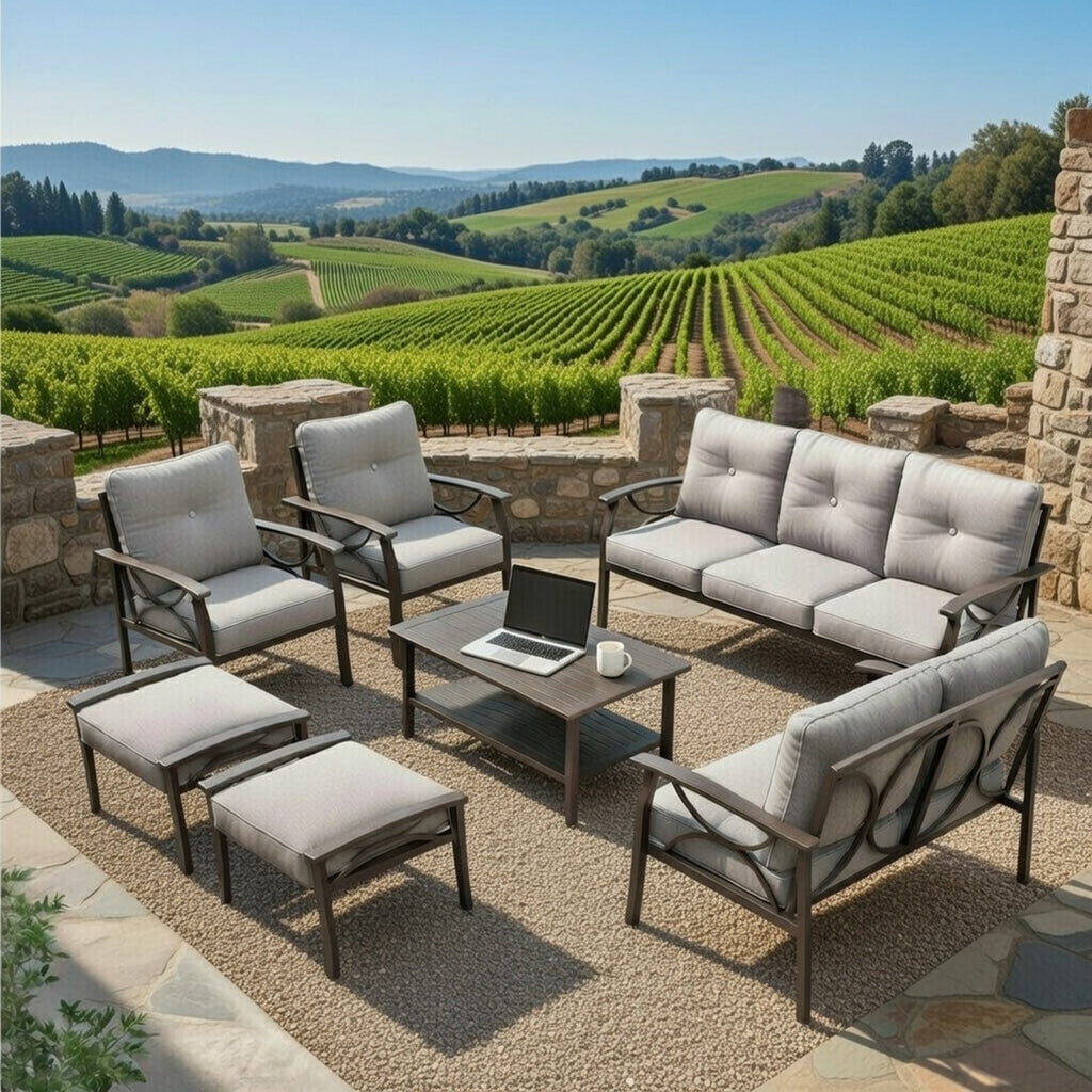 Outdoor Patio Set Steel 7 Piece Seats 9 Khaki Gray