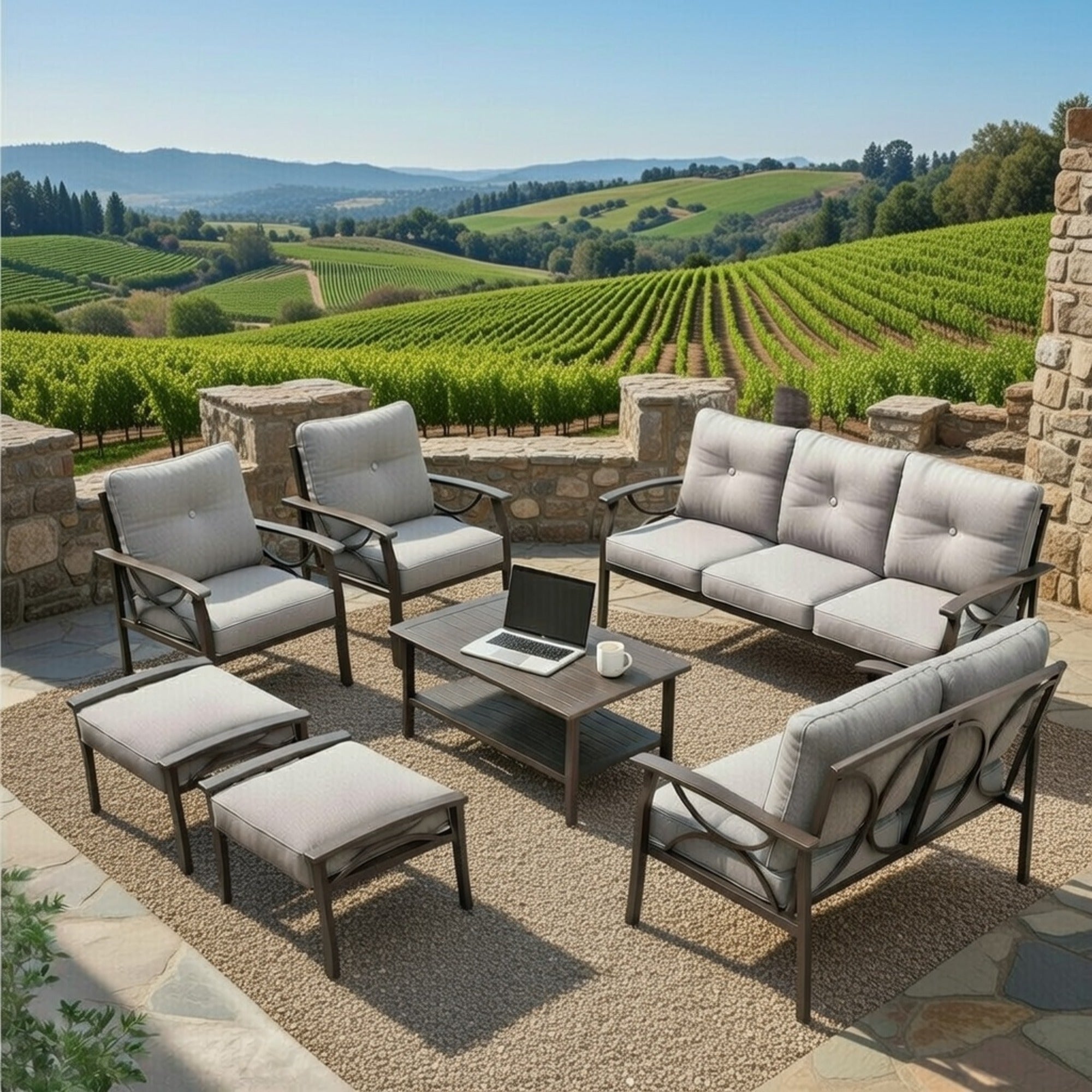 Outdoor Patio Set Steel 7 Piece Seats 9 Khaki Gray