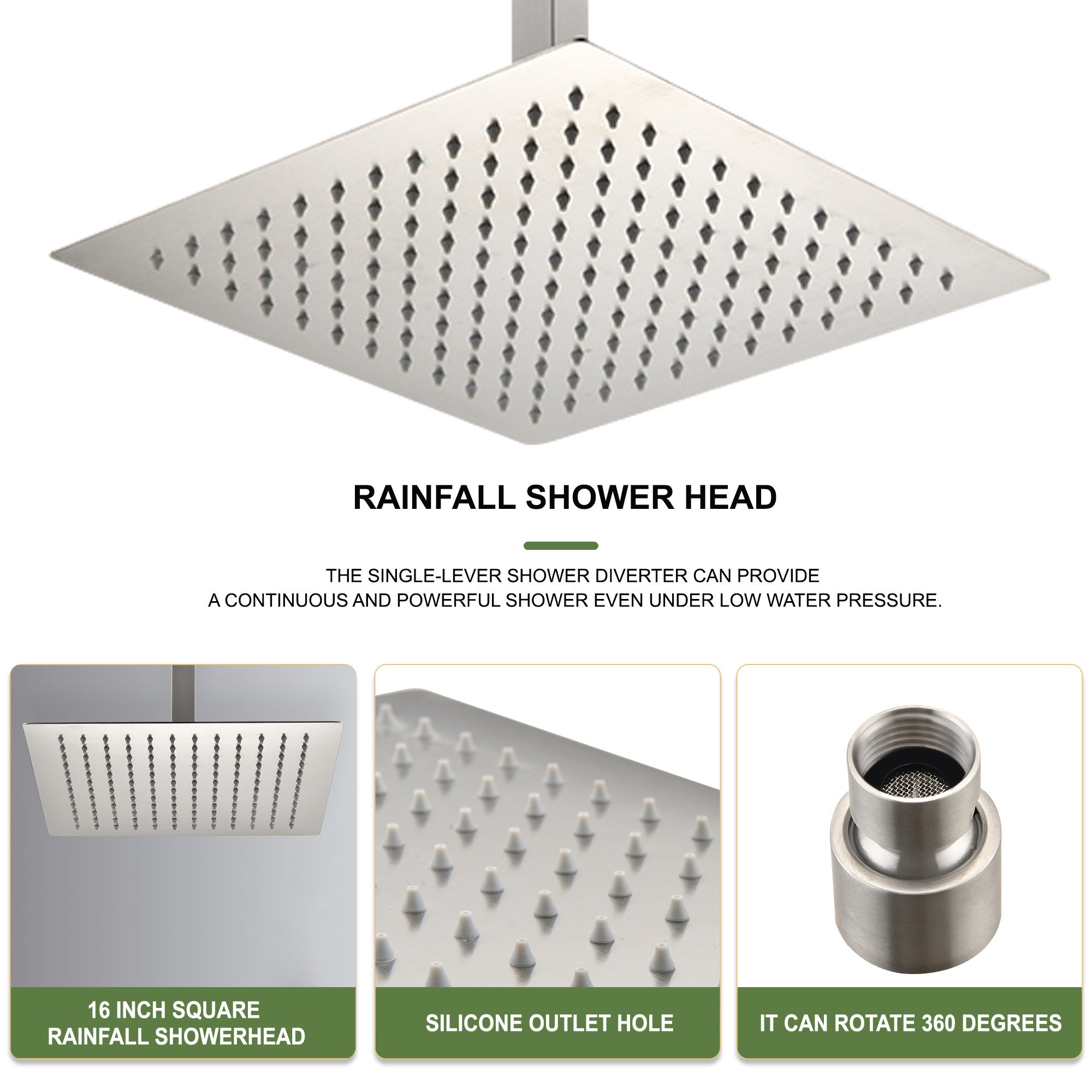 16 Inch Square Rain Shower Head Brushed Nickel Stainless Steel