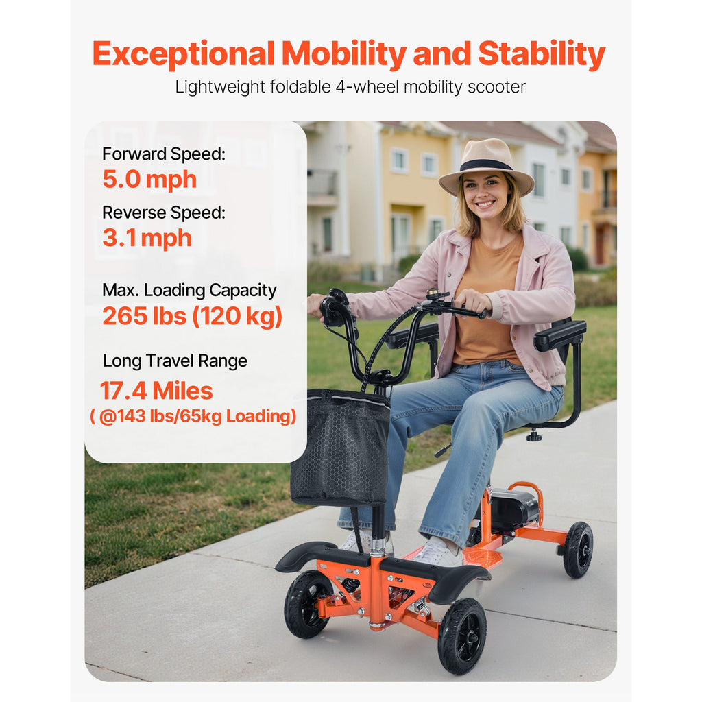 Mobility Scooter 4-Wheel Foldable Carbon Steel Orange 265 LB 48V Battery