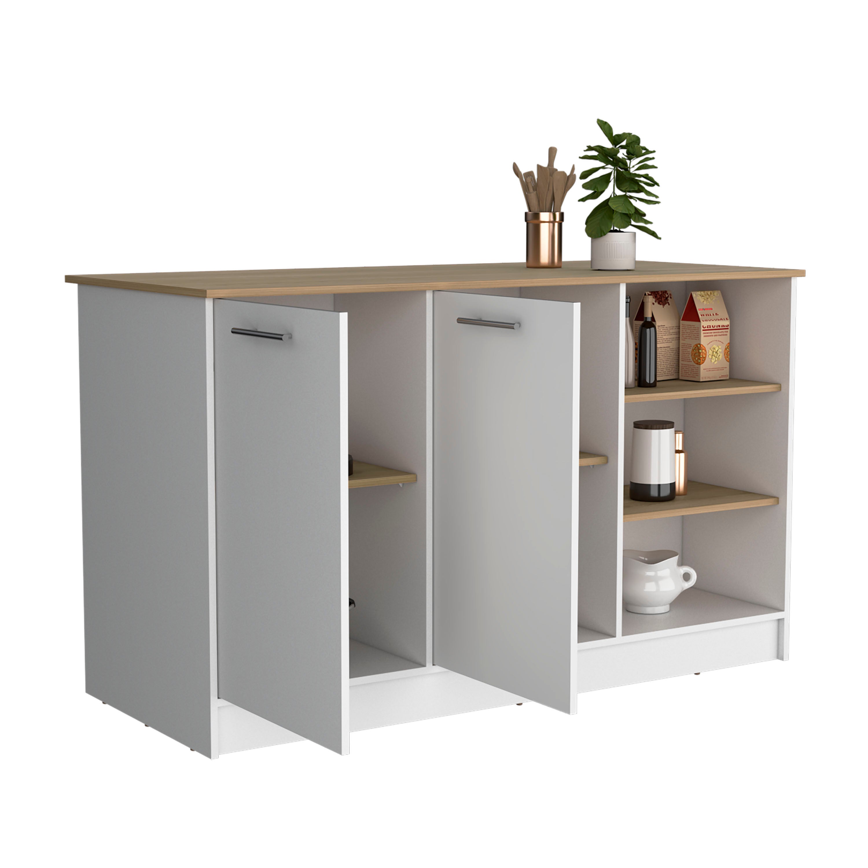 Ginger Kitchen Island with 3 Shelves and 2-Door Cabinets