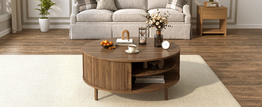 Round Lift-Top Coffee Table with Hidden Storage Sliding Door